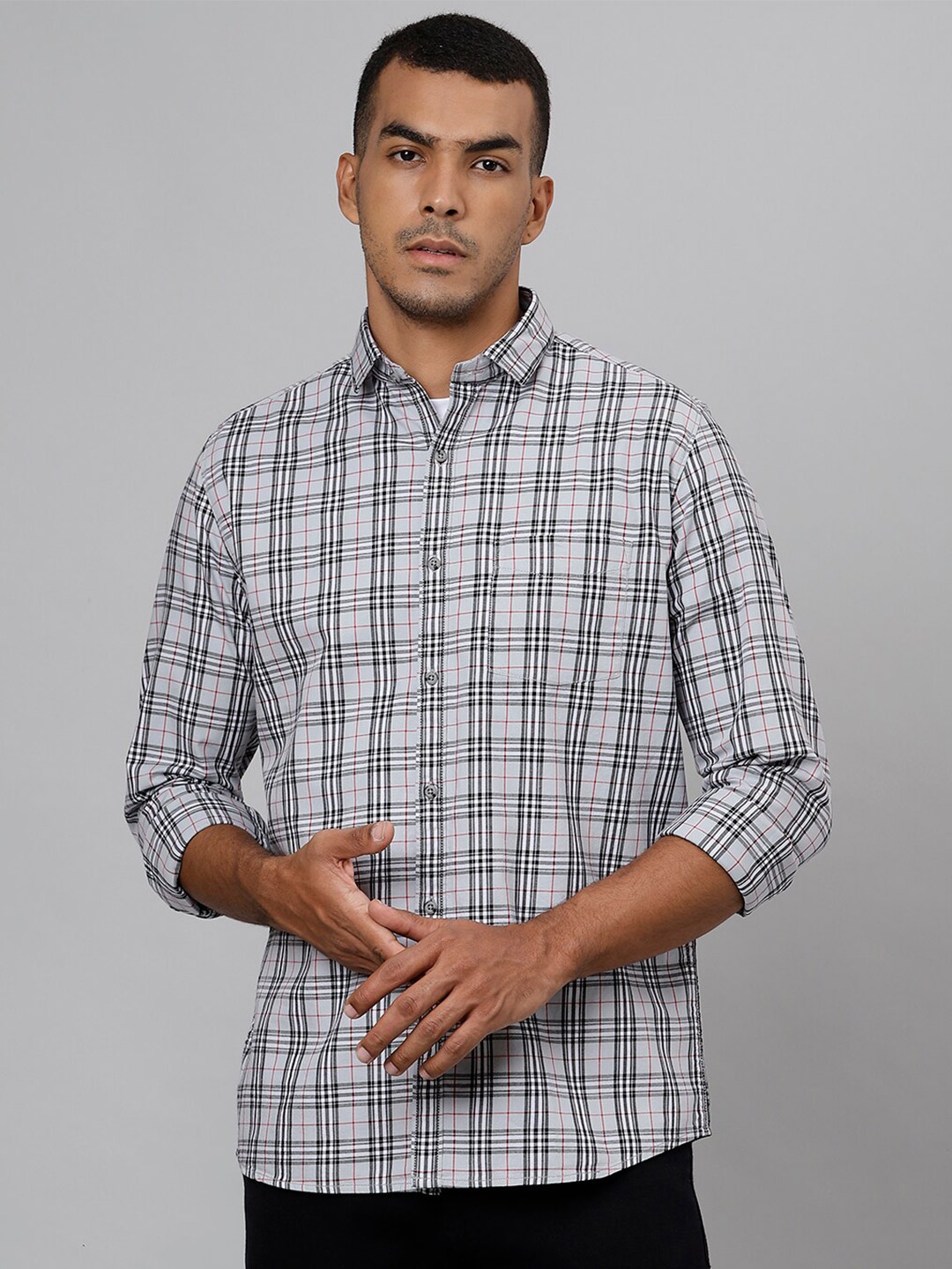 

Richlook Men Grey Slim Fit Tartan Checked Cotton Casual Shirt