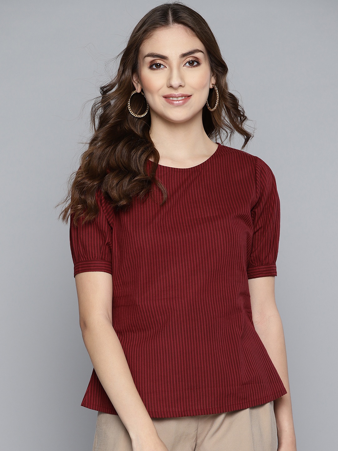 

HERE&NOW Maroon Striped Puff Sleeves Pure Cotton Top