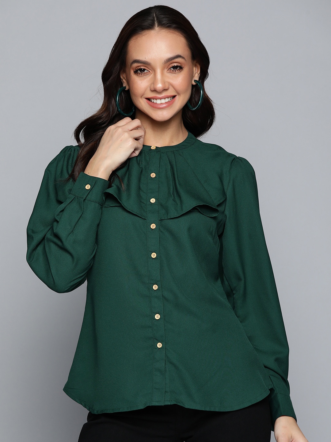 

HERE&NOW Green Mandarin Collar Ruffles Top
