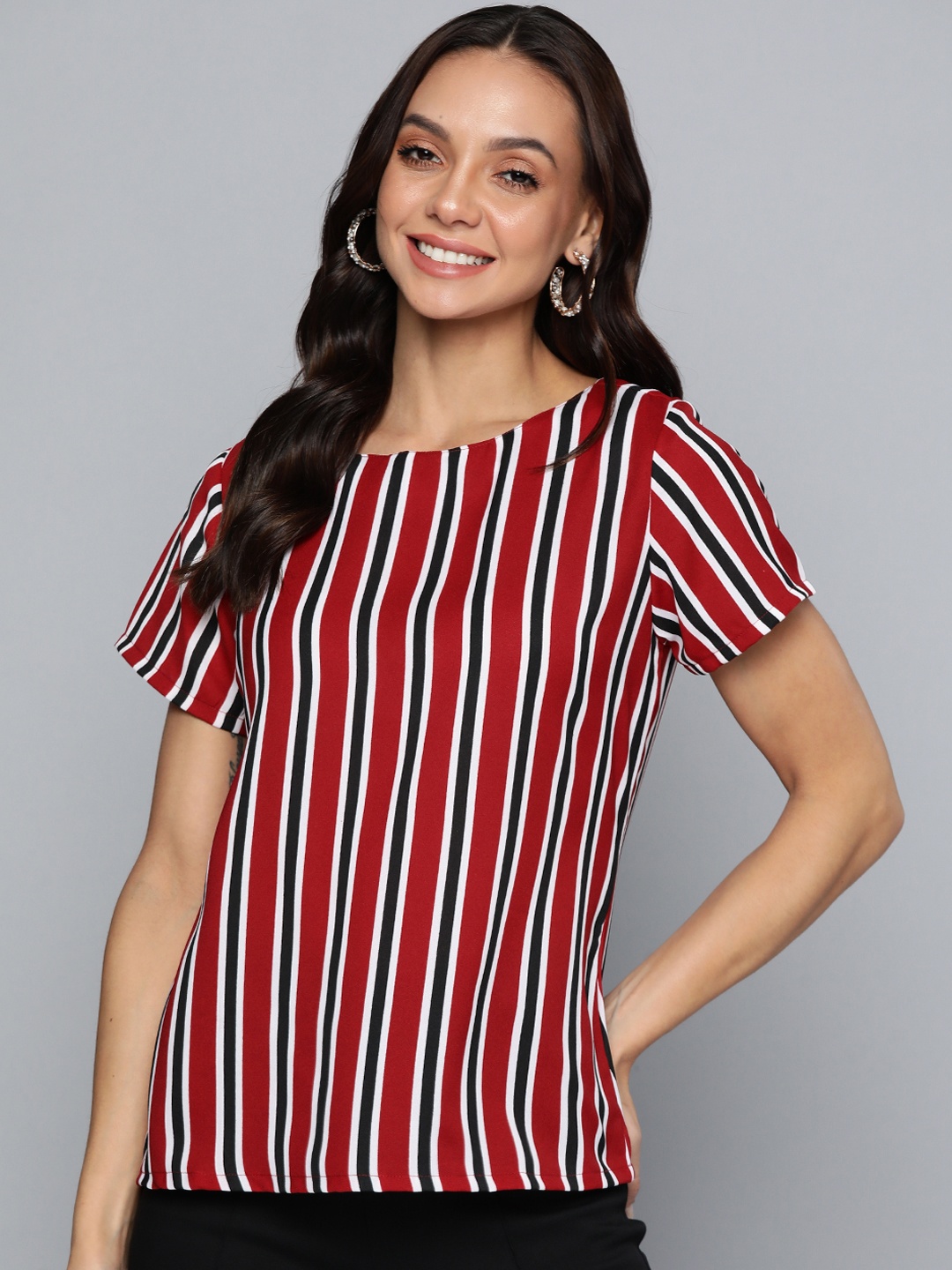 

HERE&NOW Red & White Striped Pure Polyester Top