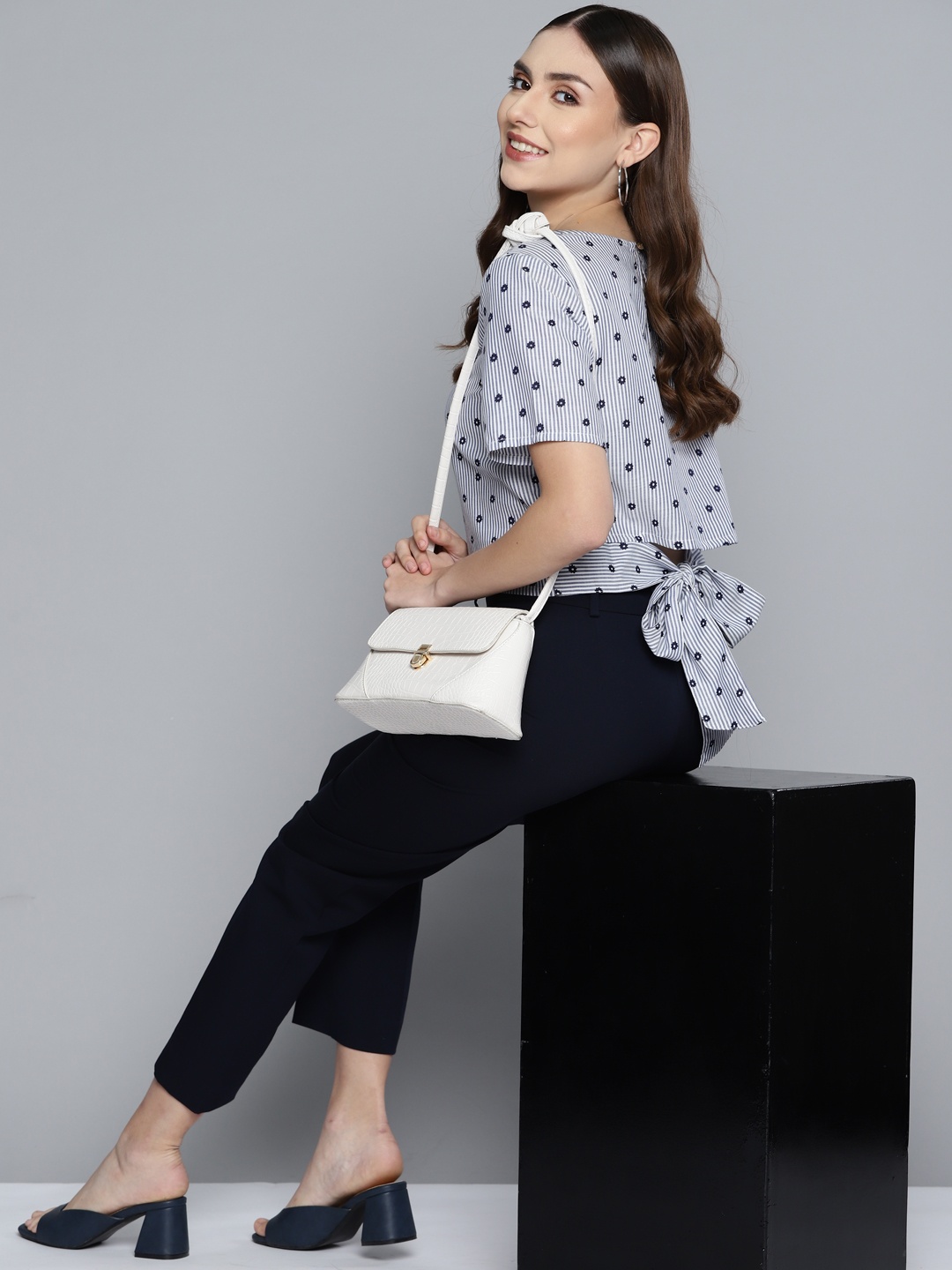 

HERE&NOW Blue & White Print Styled Back Crop Pure Cotton Top