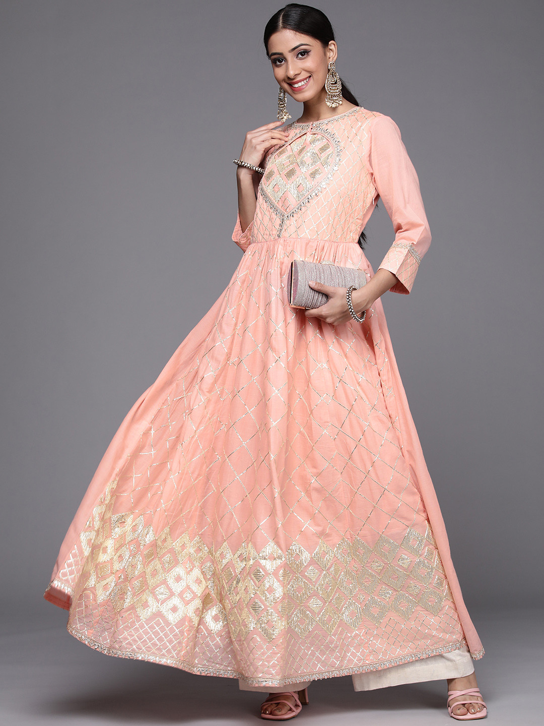 

Varanga Women Peach-Coloured & Golden Ethnic Motifs Embroidered Anarkali Kurta