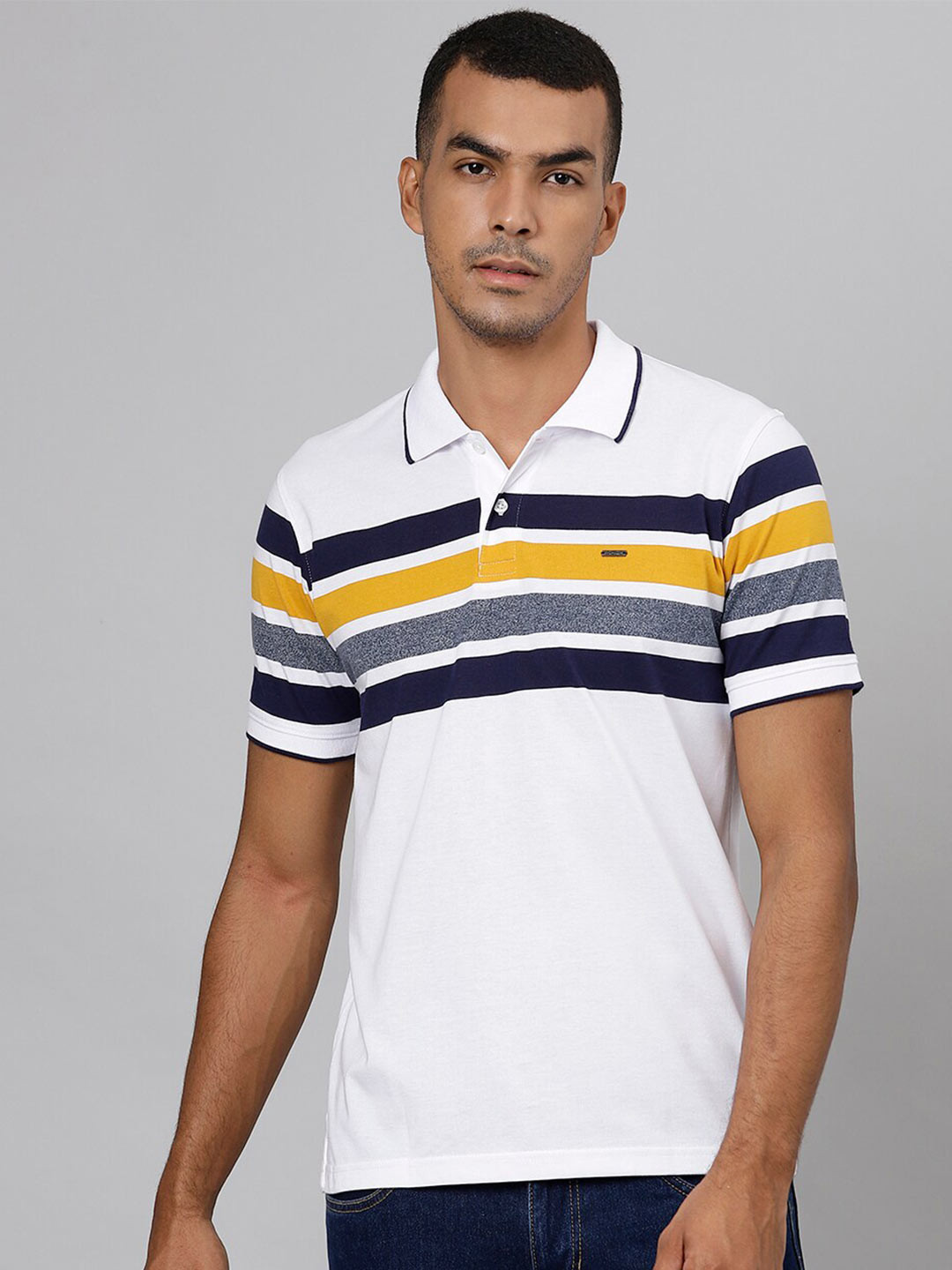 

Richlook Men White Striped Polo Collar Slim Fit T-shirt
