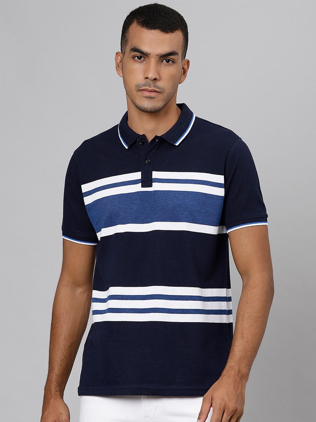 

Richlook Men Navy Blue Striped Polo Collar Slim Fit T-shirt