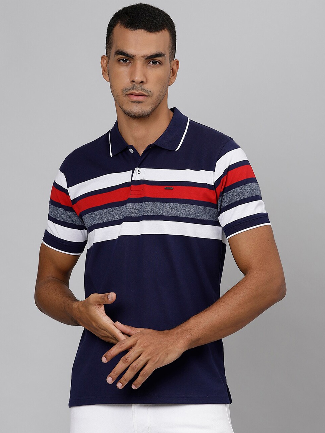 

Richlook Men Navy Blue & Red Striped Polo Collar Slim Fit T-shirt