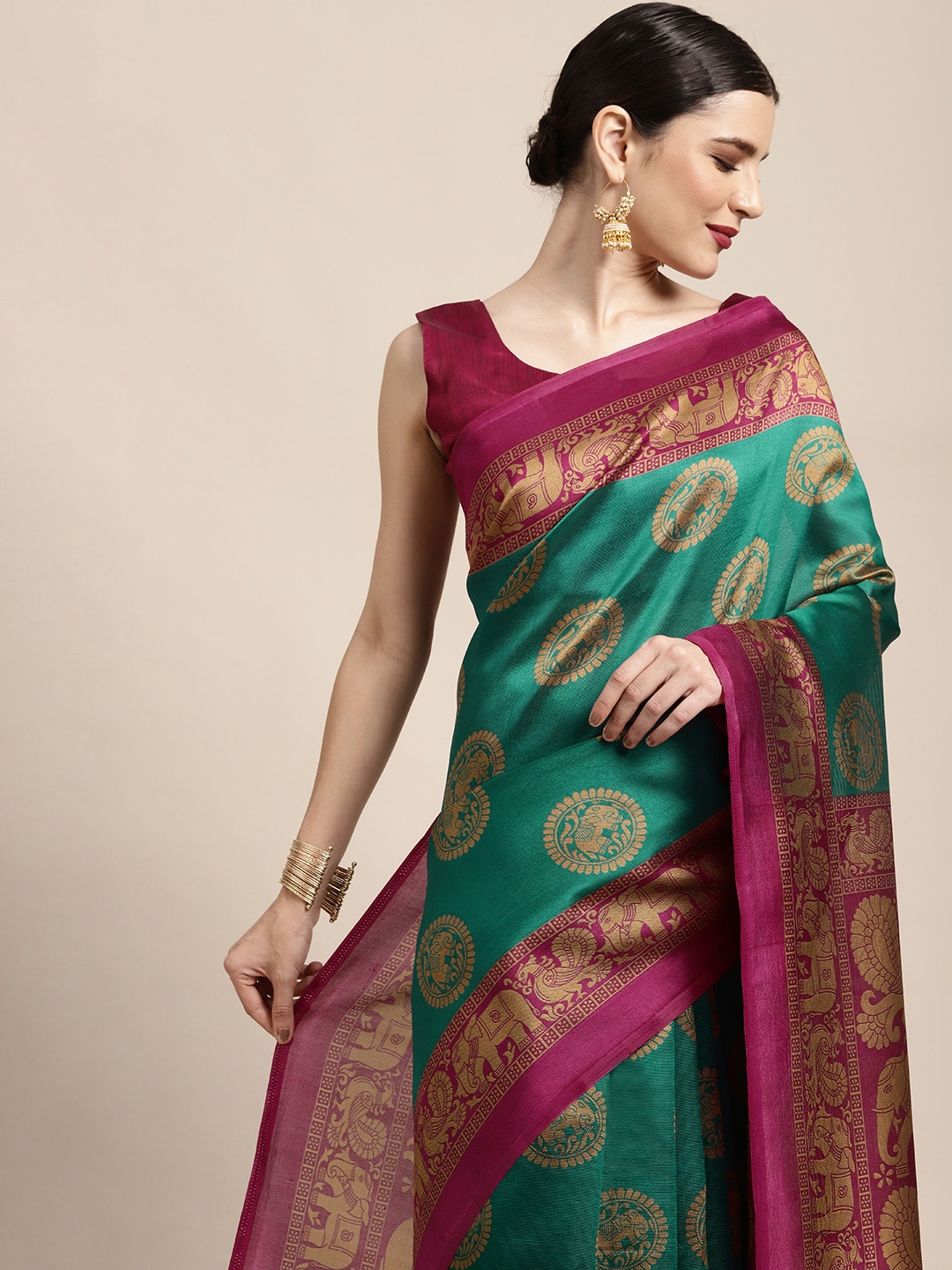 

KALINI Teal Blue & Fuchsia Ethnic Motifs Printed Saree