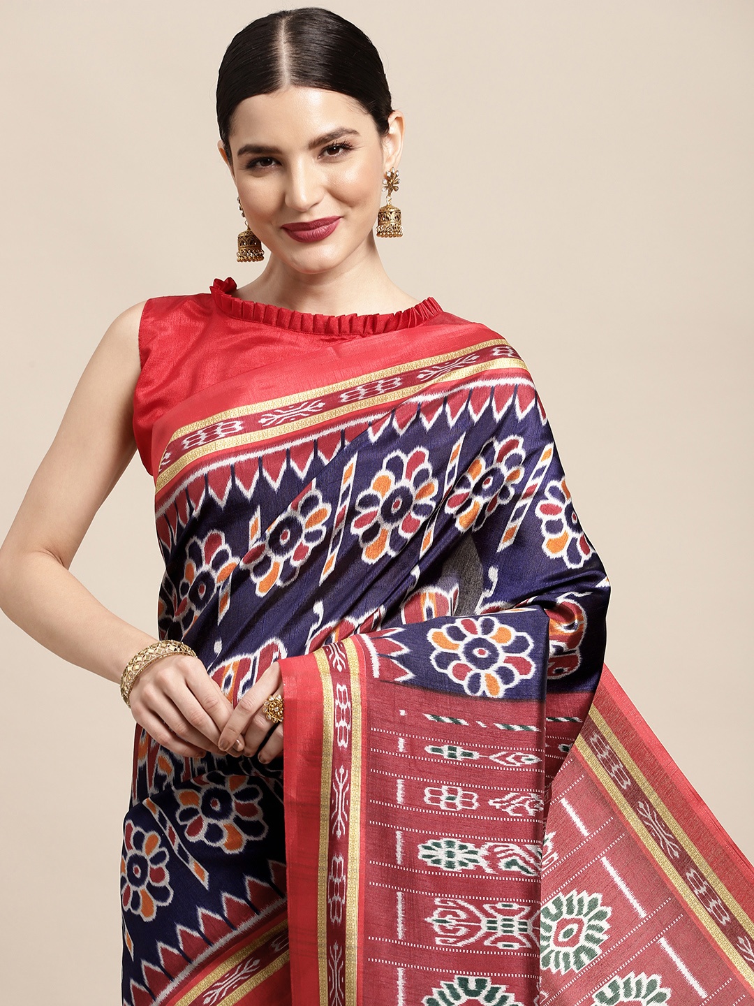 

KALINI Navy Blue & Red Ethnic Motifs Printed Ikat Saree