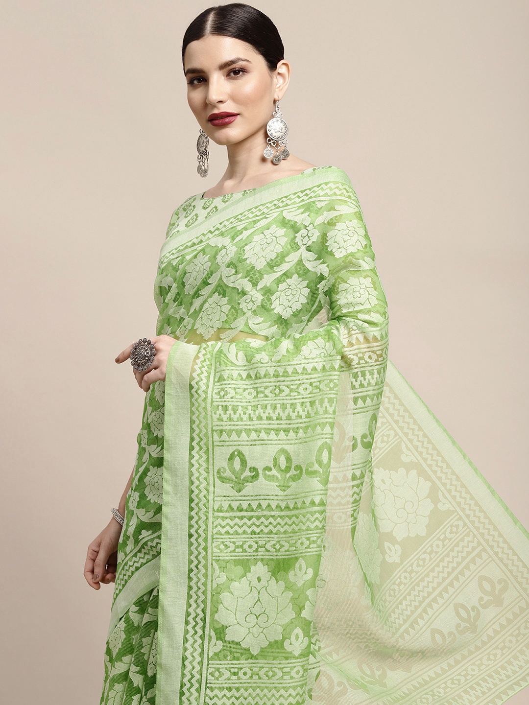 

KALINI Green Ethnic Motifs Woven Design Brasso Chanderi Saree