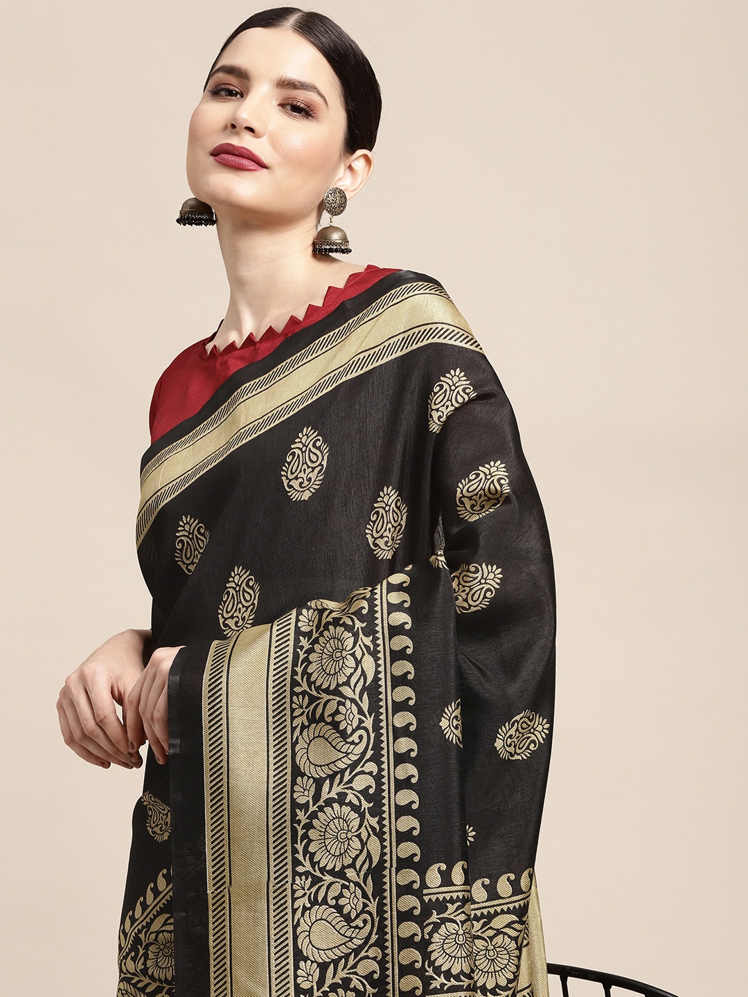 

KALINI Black & Maroon Ethnic Motifs Woven Design Saree
