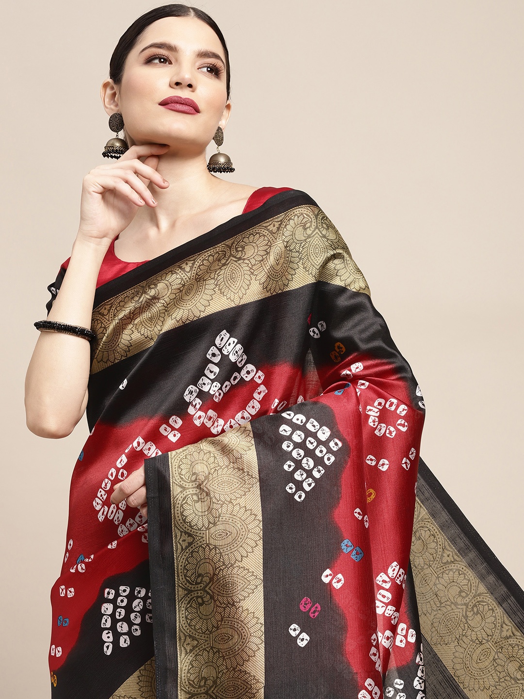 

KALINI Red & Black Bandhani Printed Saree
