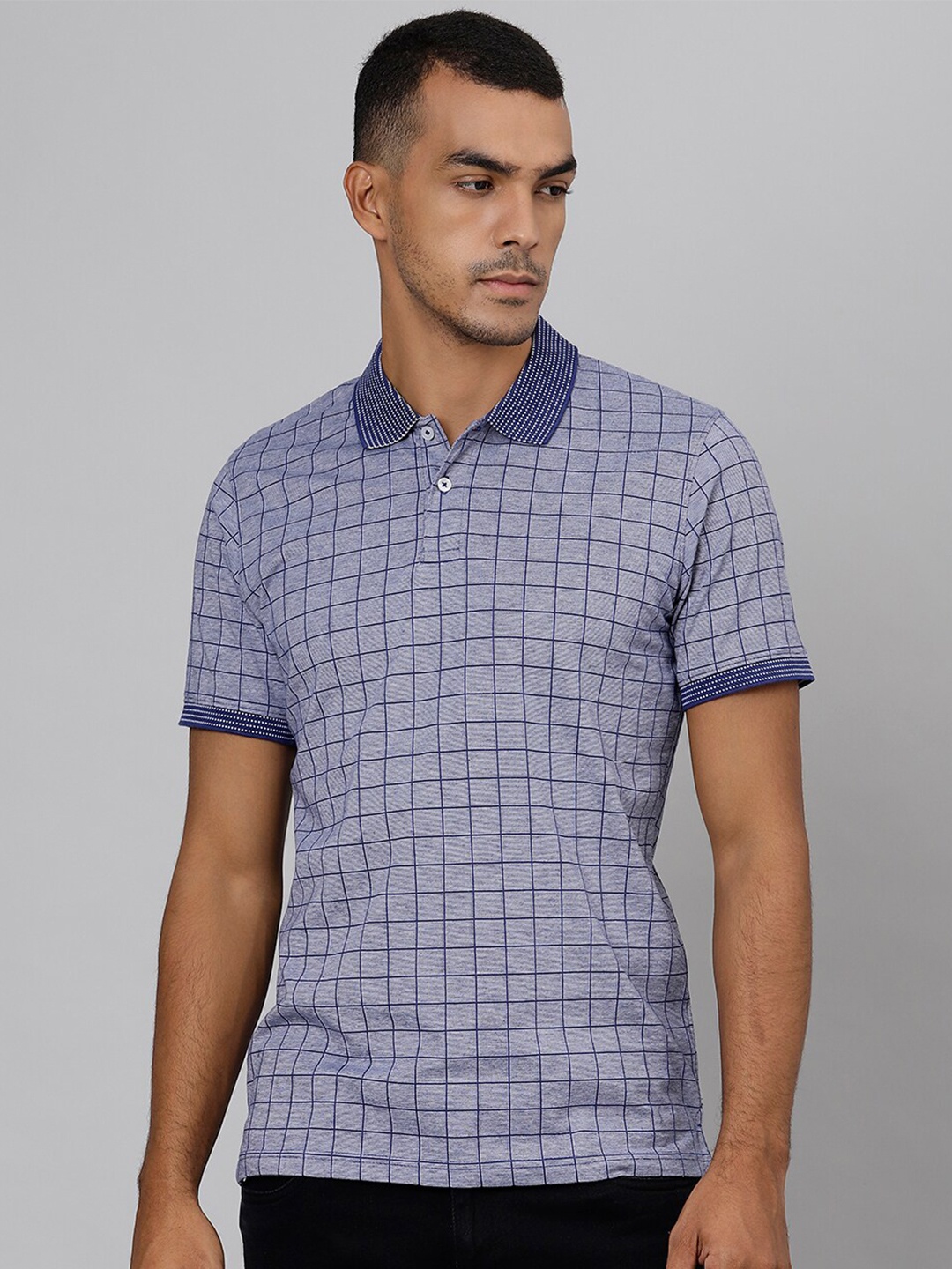 

Richlook Men Blue Checked Polo Collar Slim Fit T-shirt