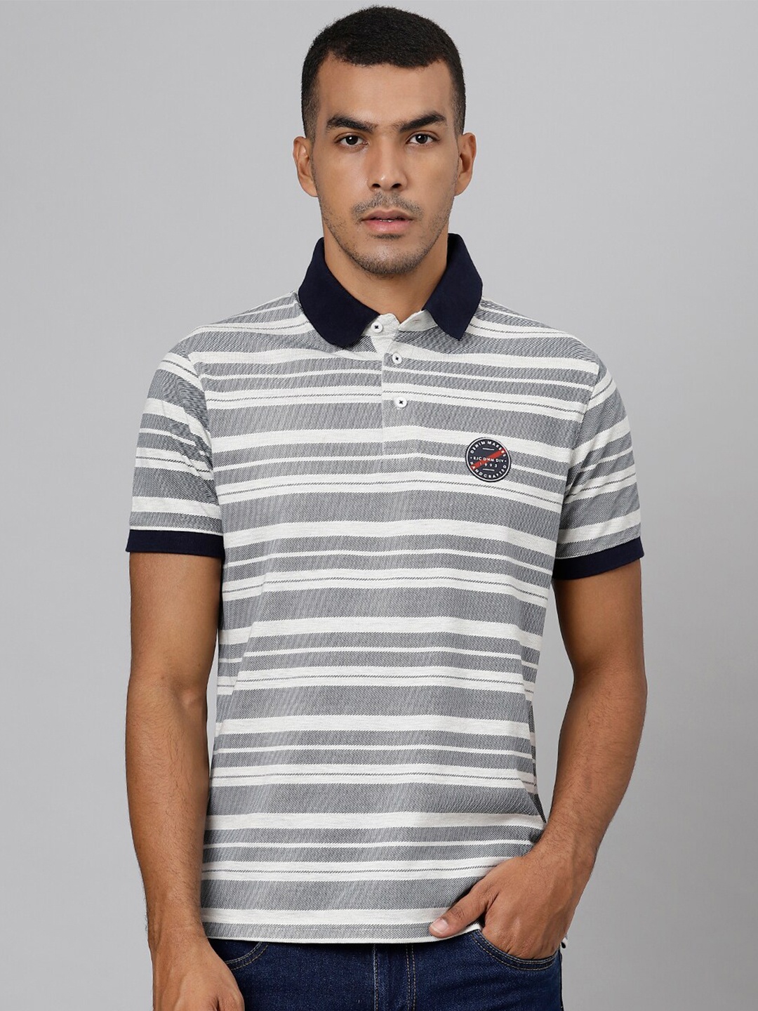 

Richlook Men Off White Striped Polo Collar Slim Fit T-shirt
