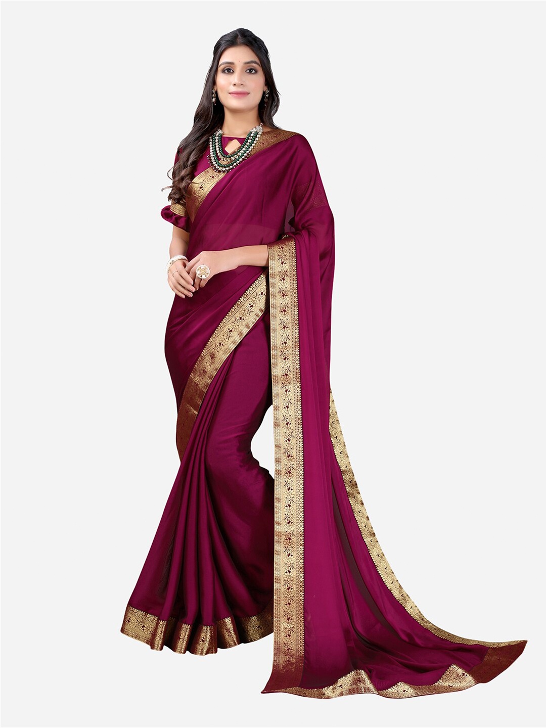 

Satrani Burgundy & Gold-Toned Solid Zari Saree