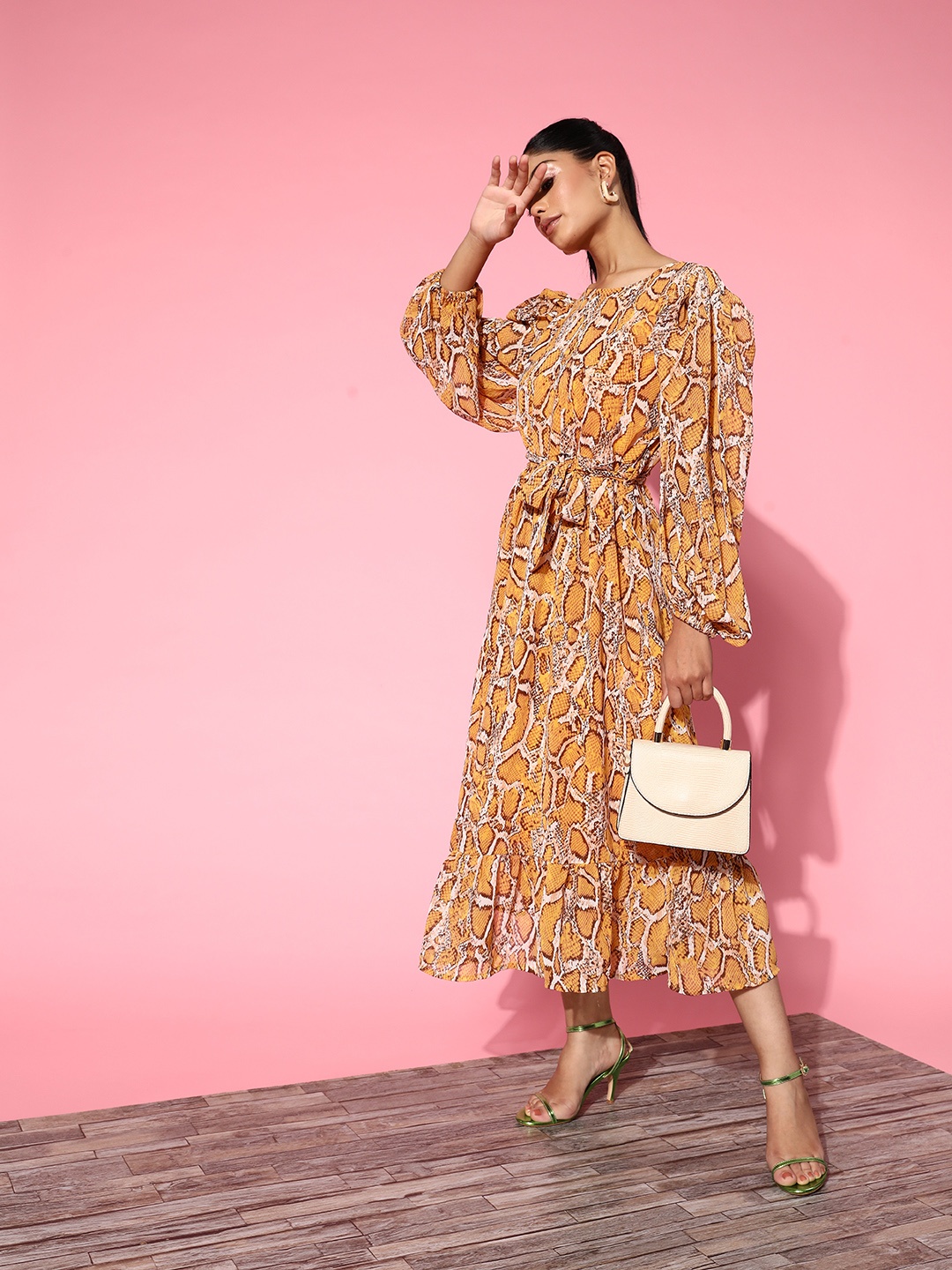 

plusS Women Mustard Animal Printed Volume Play Dress