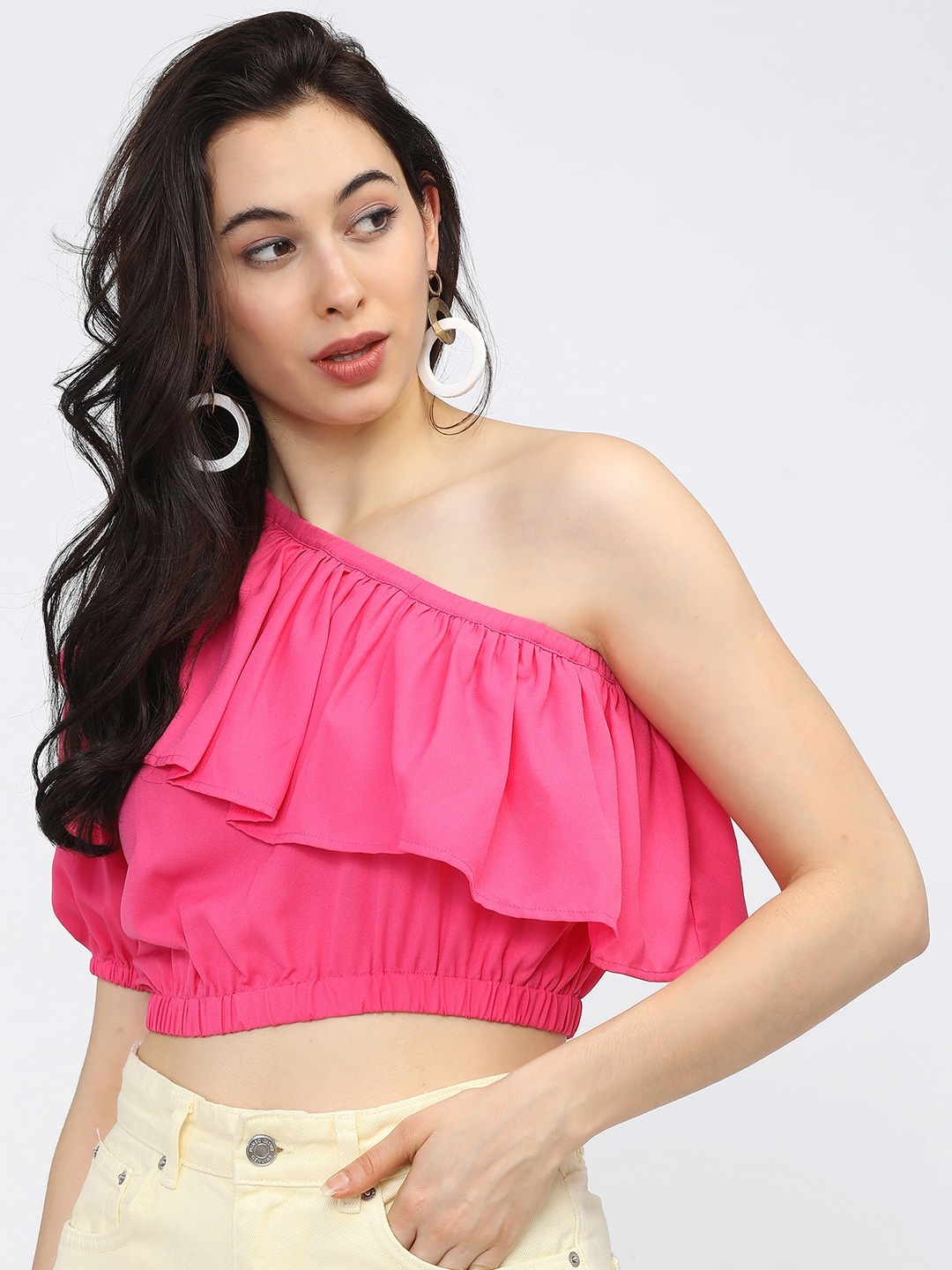 

Tokyo Talkies Women Pink One Shoulder Ruffles Crepe Crop Top