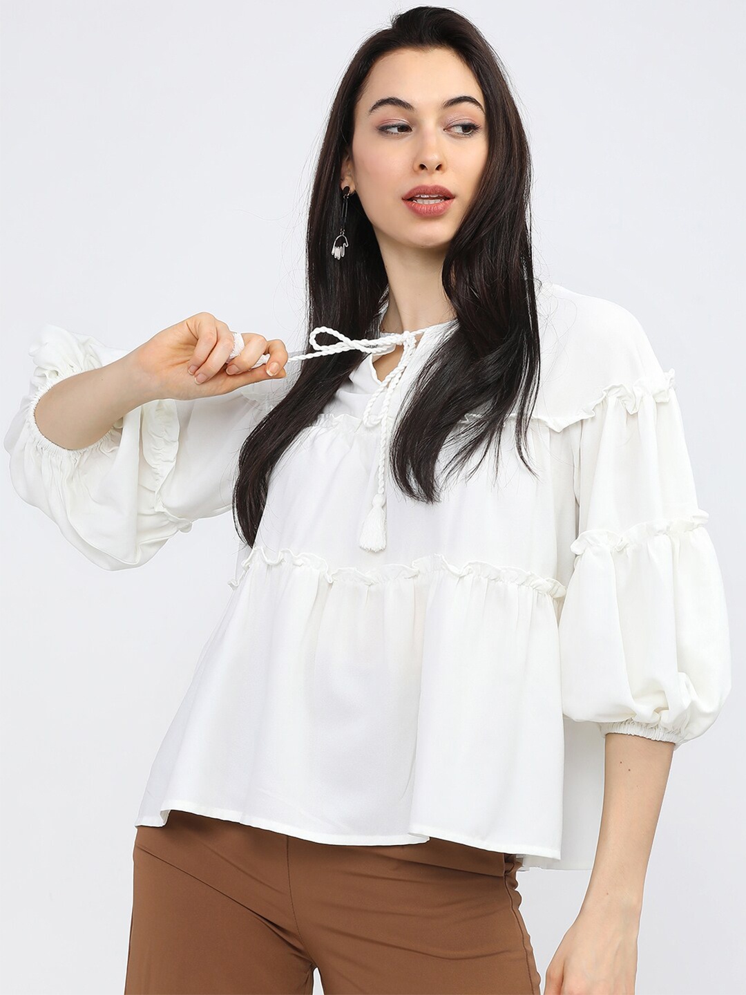 

Tokyo Talkies White Tie-Up Neck Ruffles Crepe Tiered Top