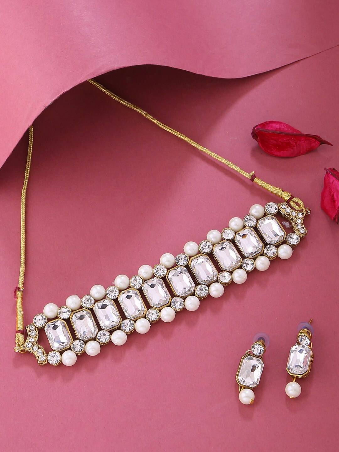 

VIRAASI Gold-Toned White Stone Studded & Pearl Beaded Choker Jewellery Set