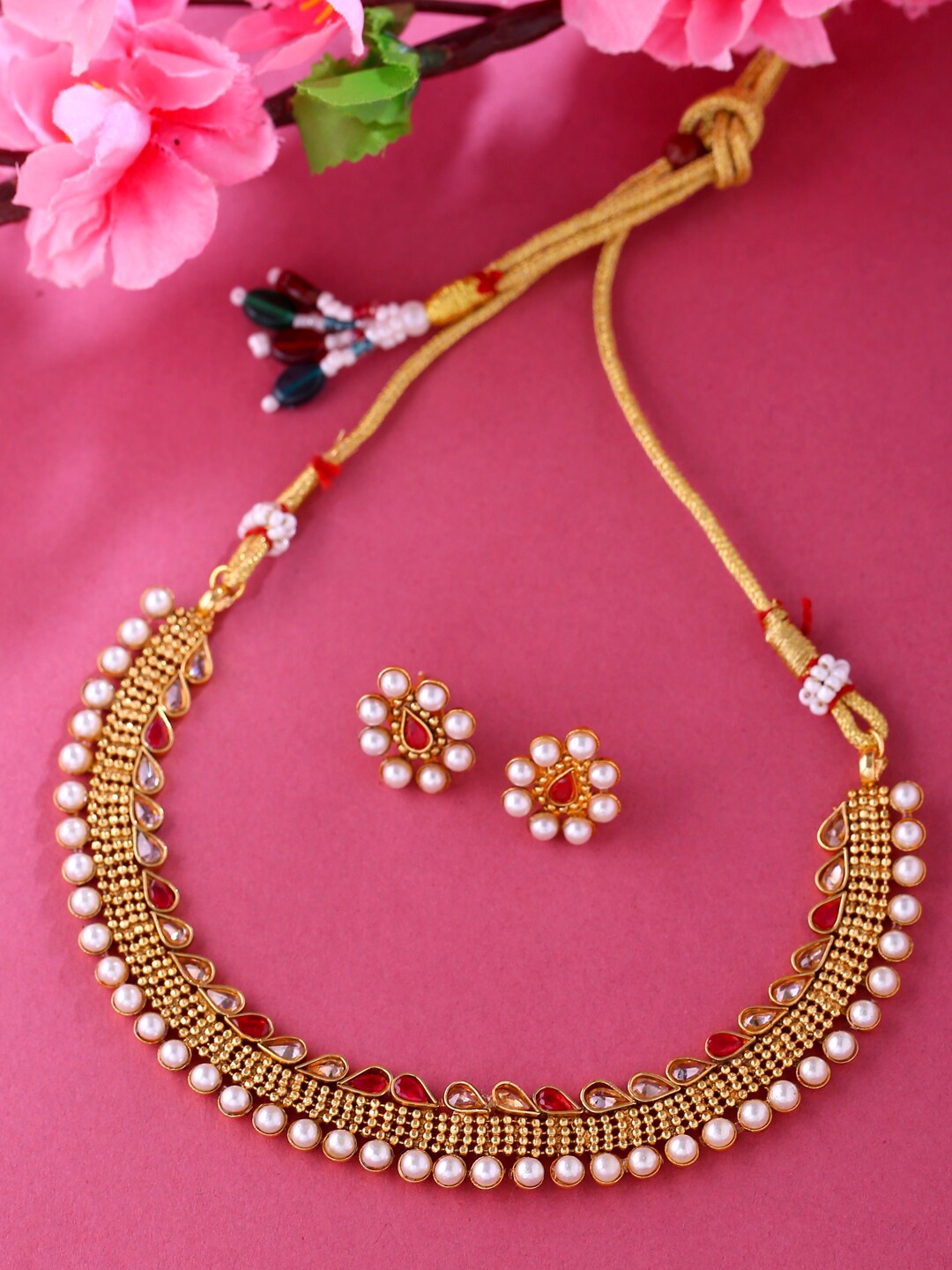 

VIRAASI Gold-Plated Red & White Stone-Studded Jewellery Set