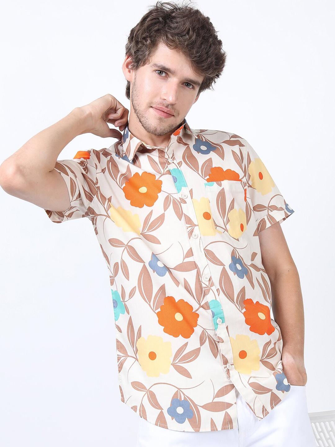 

KETCH Men Beige Slim Fit Floral Printed Cotton Casual Shirt