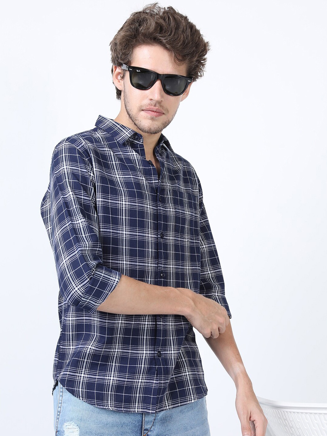 

KETCH Men Navy Blue Slim Fit Tartan Checks Checked Casual Shirt