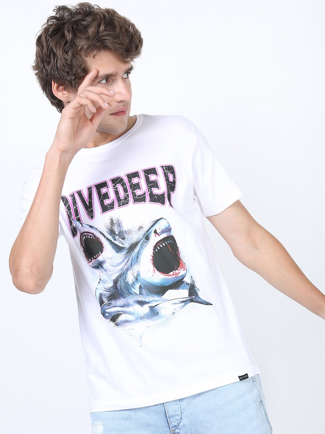

KETCH Men White Printed Slim Fit Cotton T-shirt