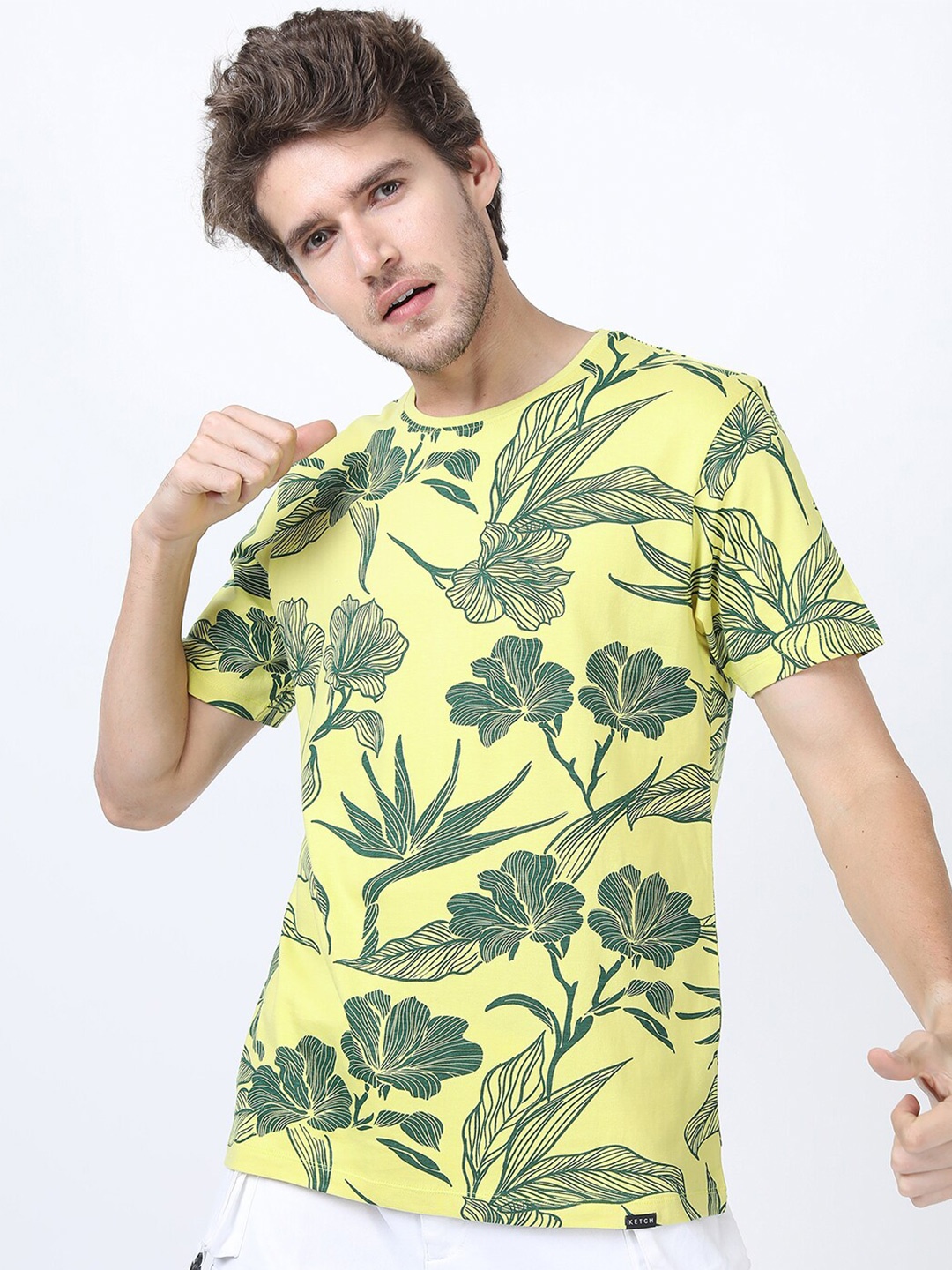 

KETCH Men Yellow & Green Floral Printed Cotton Slim Fit T-shirt