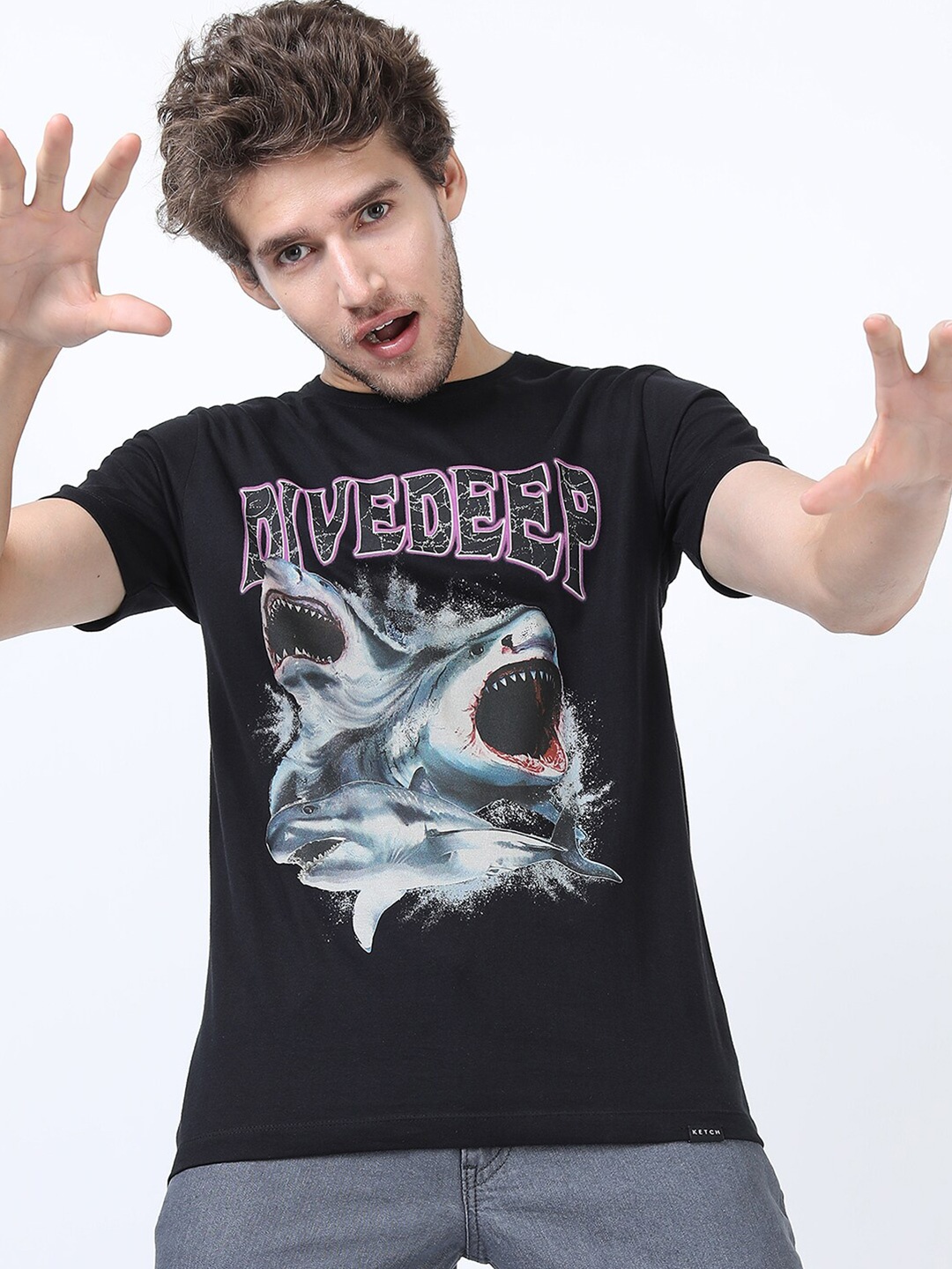 

KETCH Men Black Printed Slim Fit Cotton T-shirt