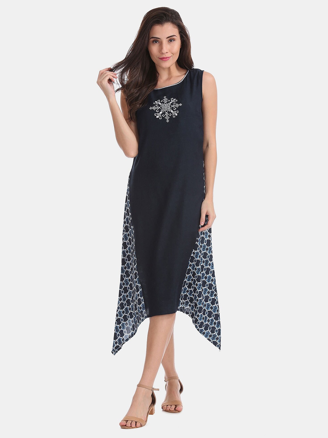 

Bronz Women Navy Blue Printed A-Line Midi Dress