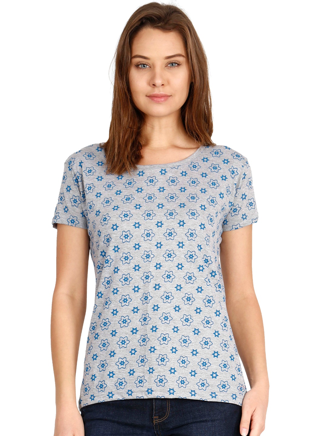 

Fleximaa Women Grey Floral Printed Cotton T-shirt
