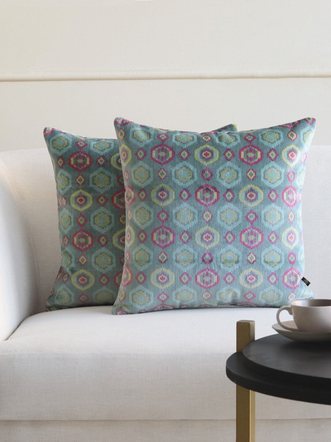 

GM Set of 2 Blue & Magenta Geometric Velvet Square Cushion Covers