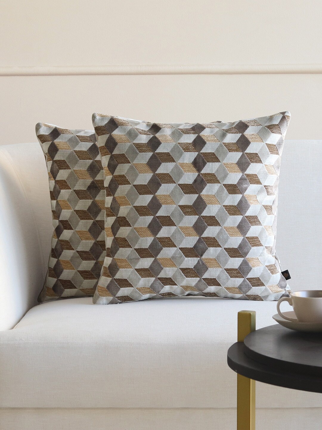 

GM Set of 2 Brown & Grey Geometric Velvet Square Cushion Covers