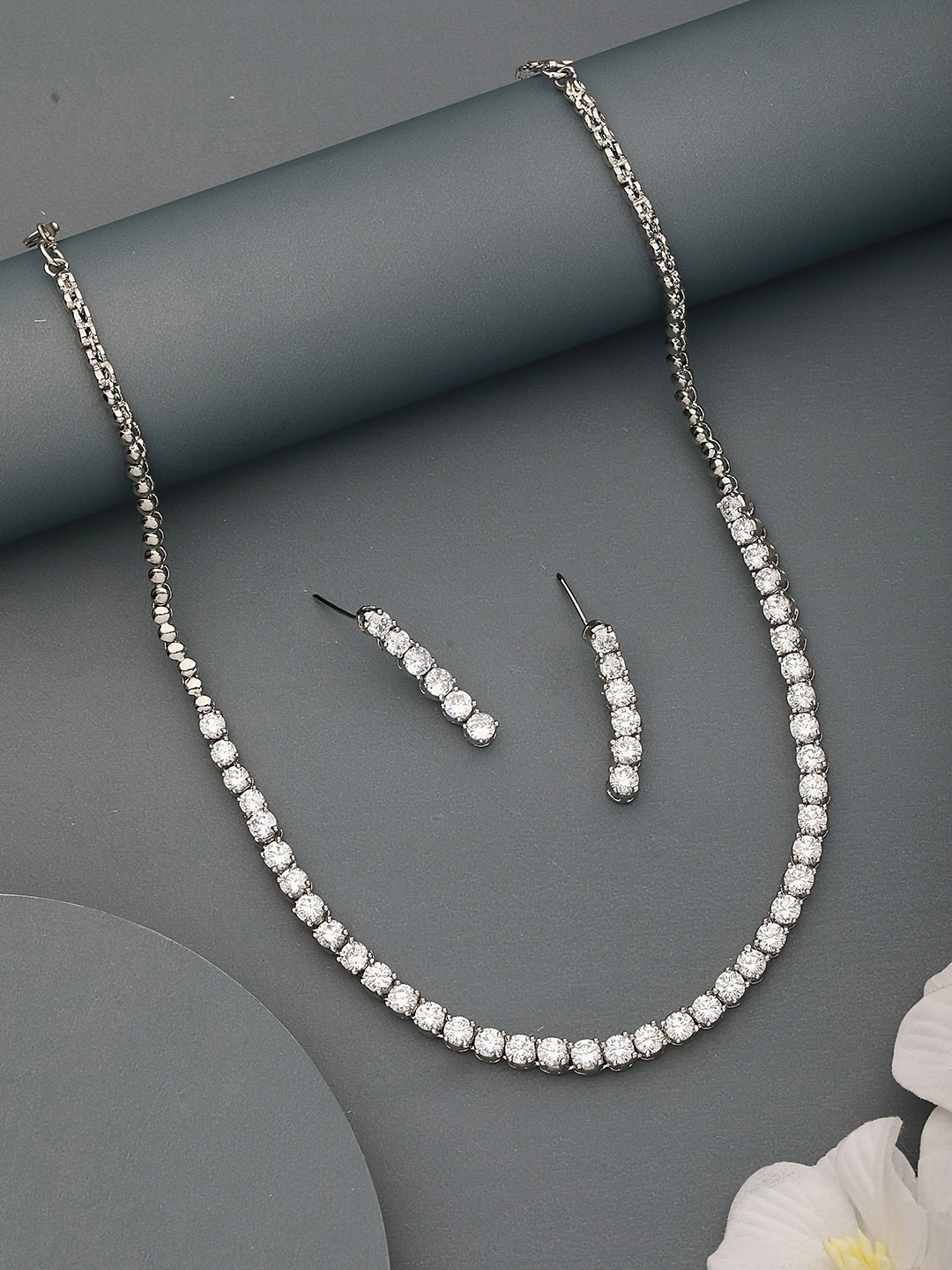 

Saraf RS Jewellery Rhodium-Plated White AD Studded Jewellery Set, Silver