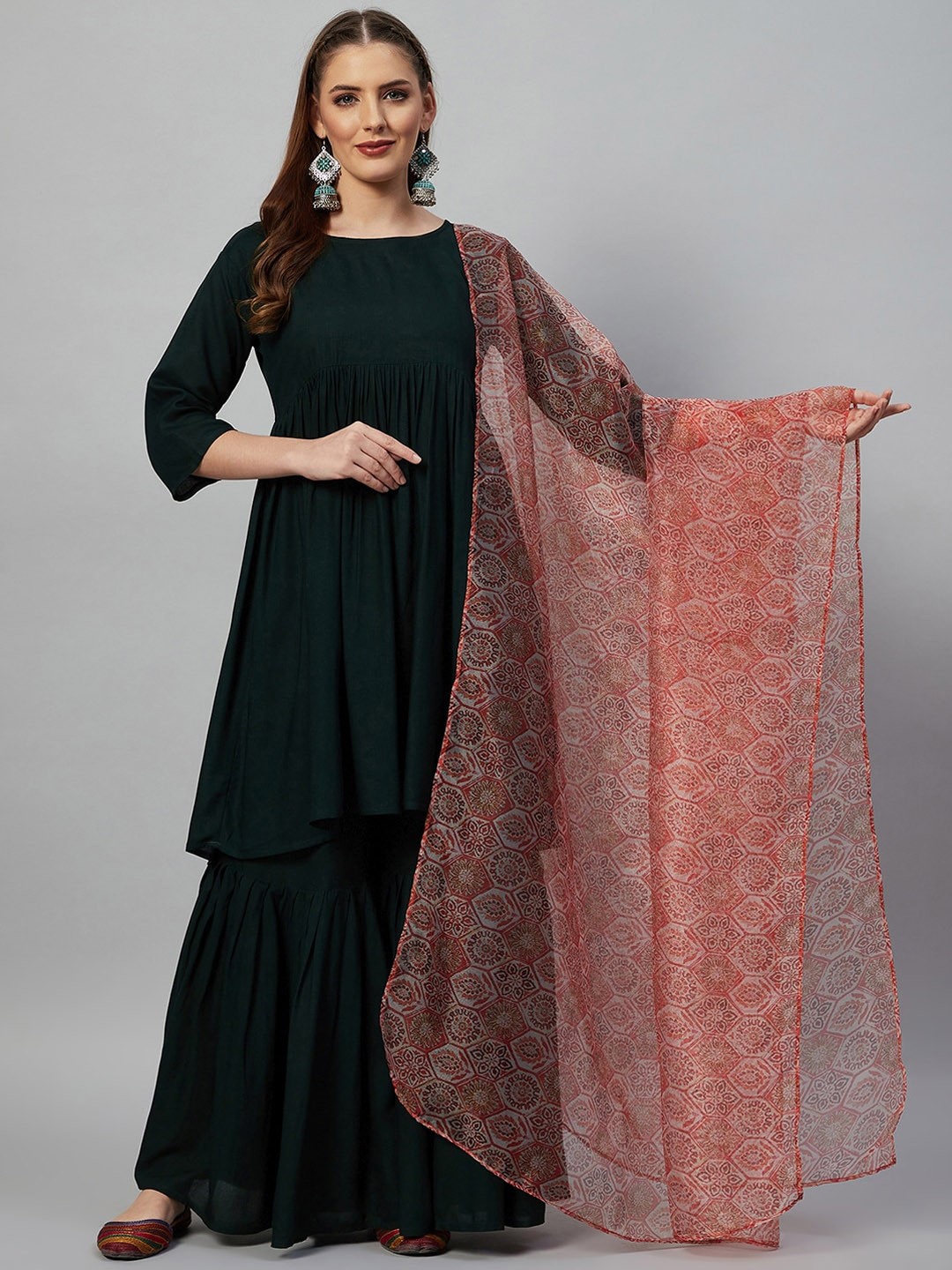 

InWeave Women Green Pleated Kurti With Sharara & Printed Dupatta
