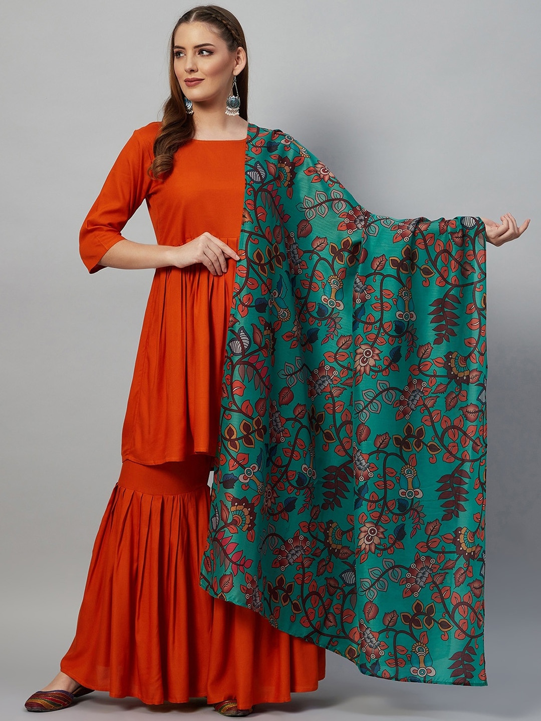 

InWeave Women Orange & Green Kurta with Sharara & With Dupatta