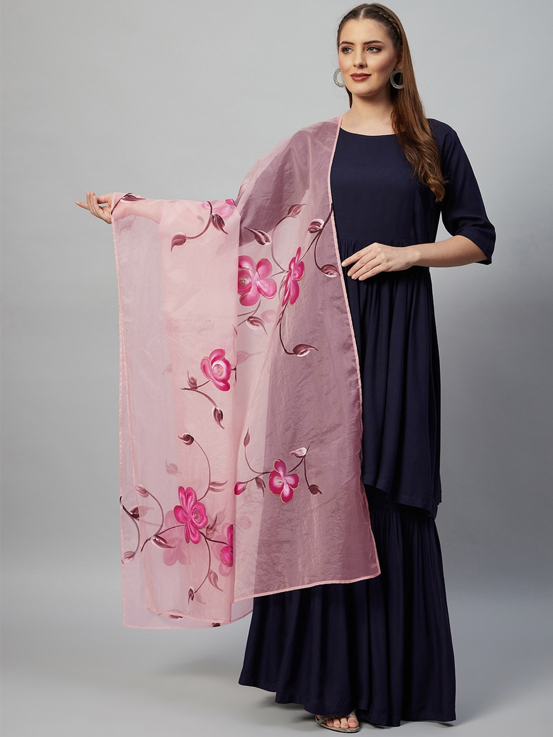 

InWeave Women Navy Blue Striped Kurti with Sharara & With Dupatta