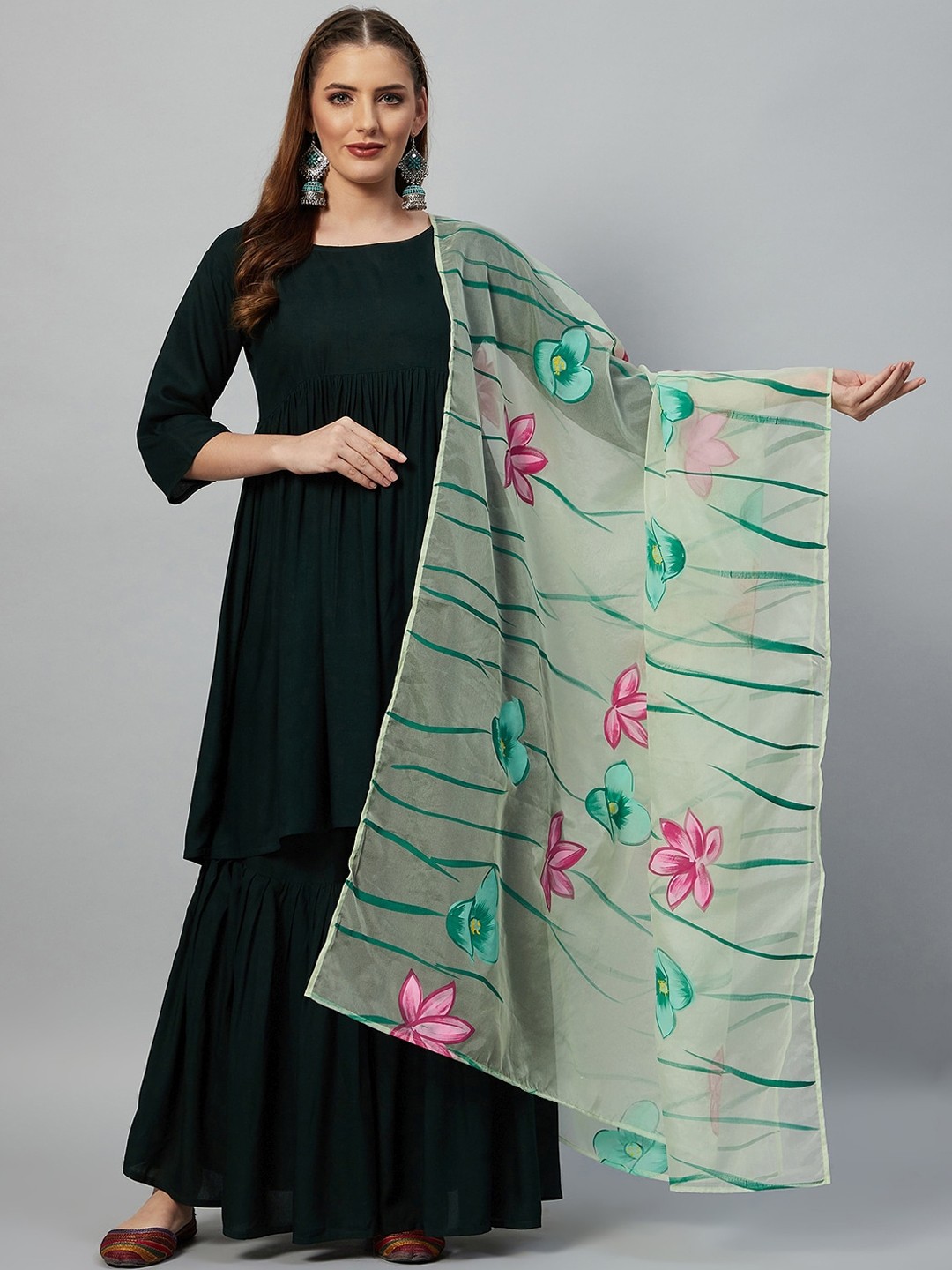 

InWeave Women Green Pleated Kurta with Sharara & With Dupatta