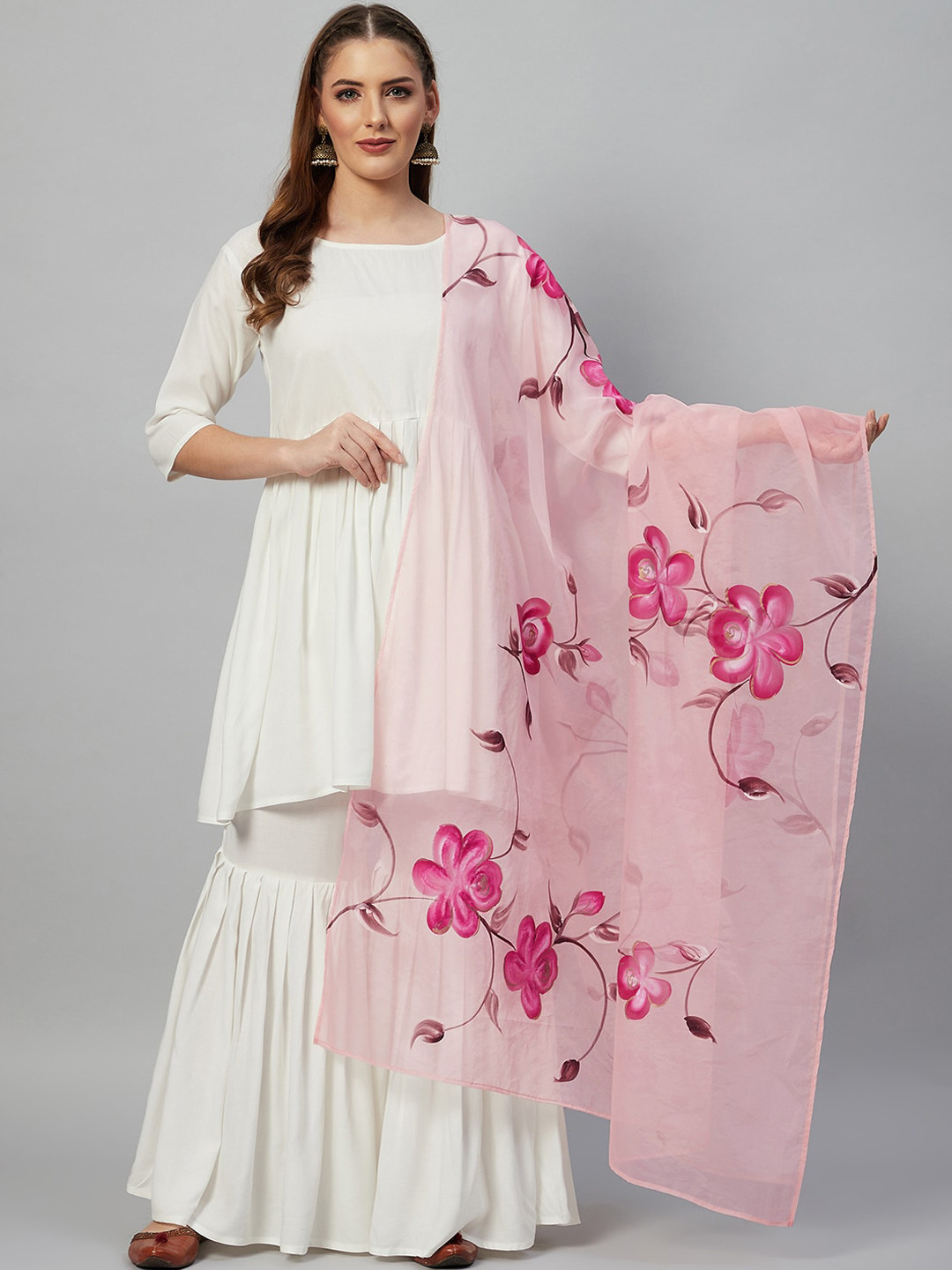 

InWeave Women White Floral Pleated Kurti with Sharara & With Dupatta