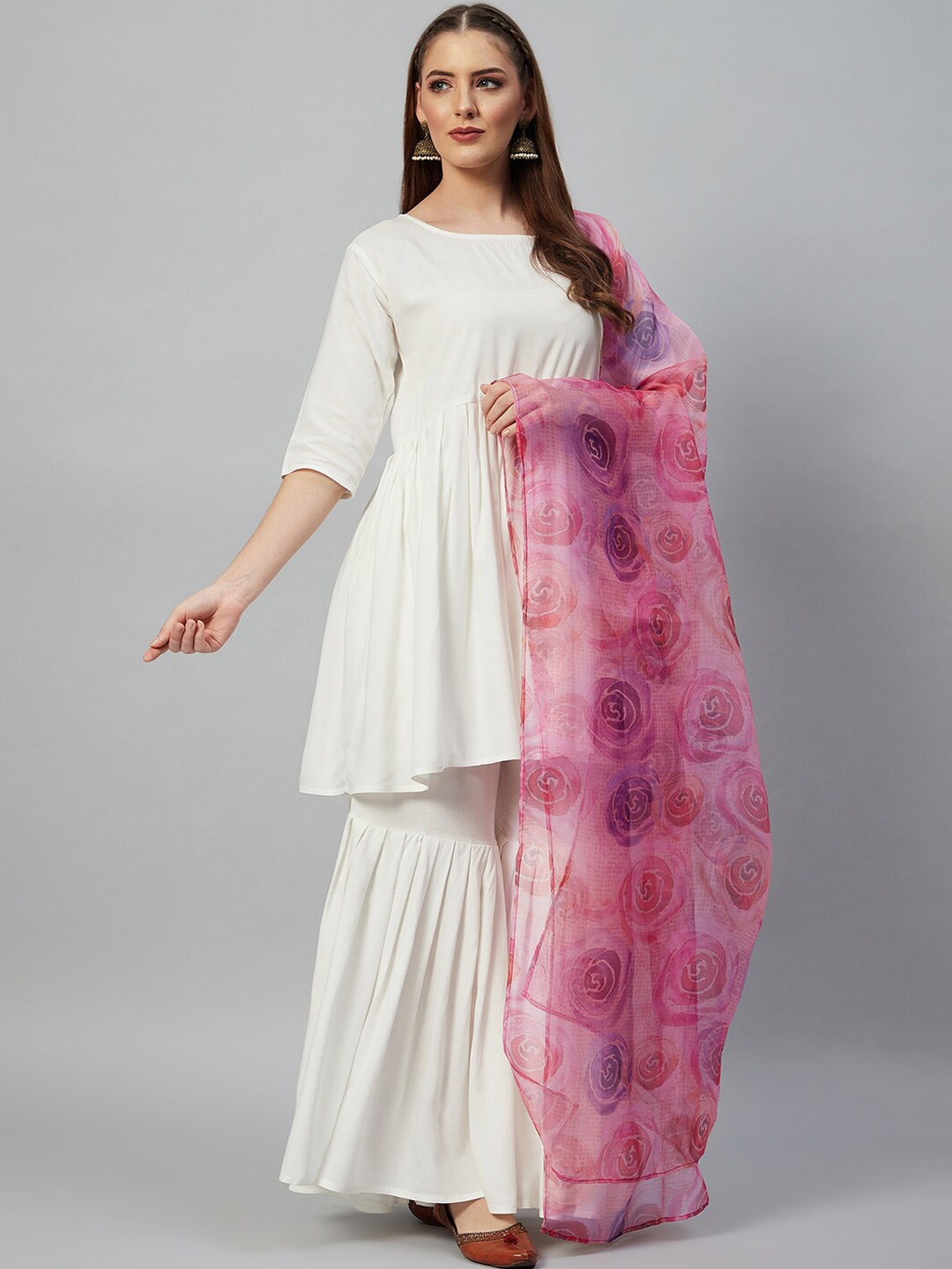 

InWeave Women White Kurti With Sharara & Dupatta