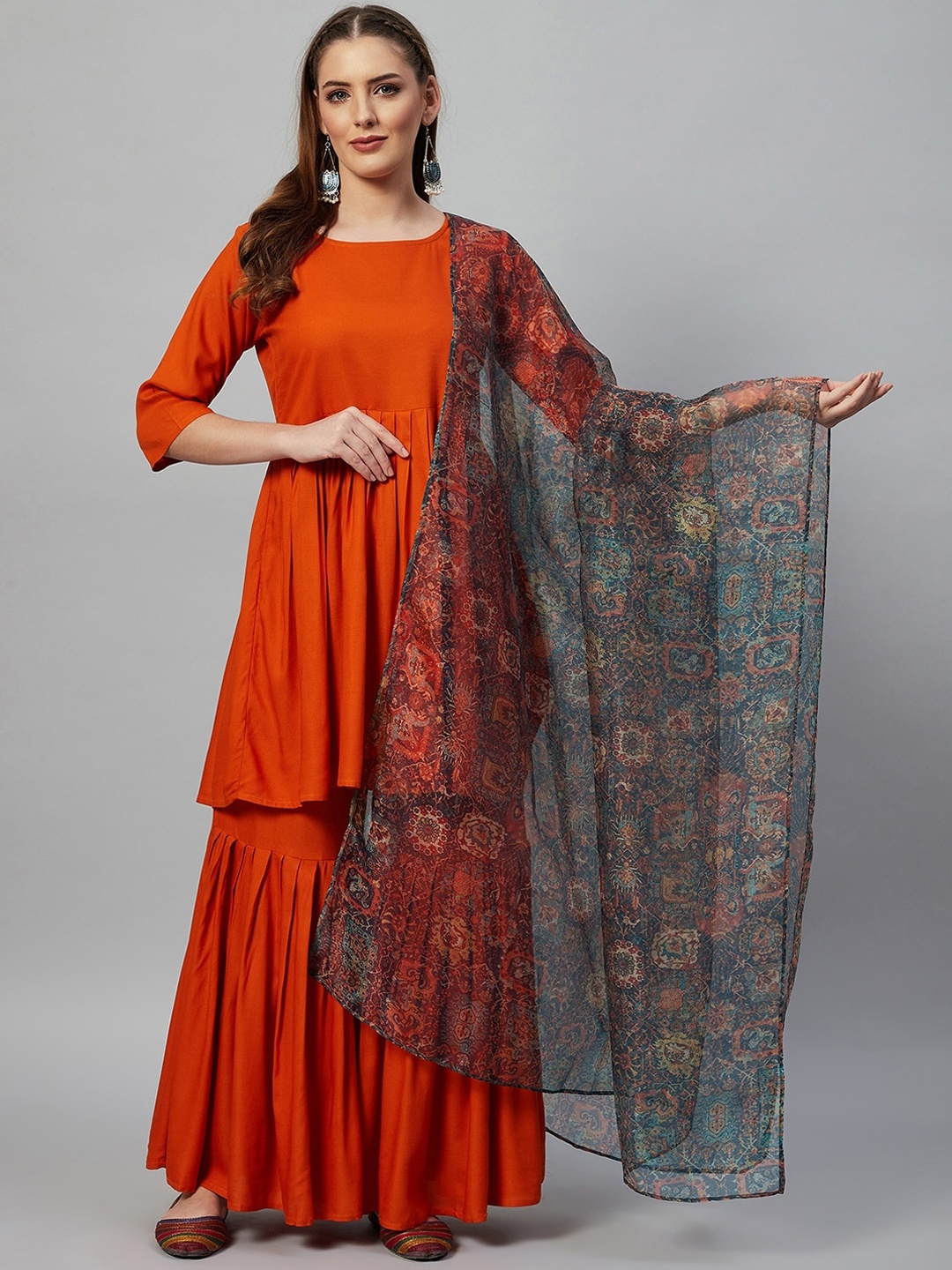 

InWeave Women Orange Ethnic Motifs Pleated Kurti with Sharara & With Dupatta