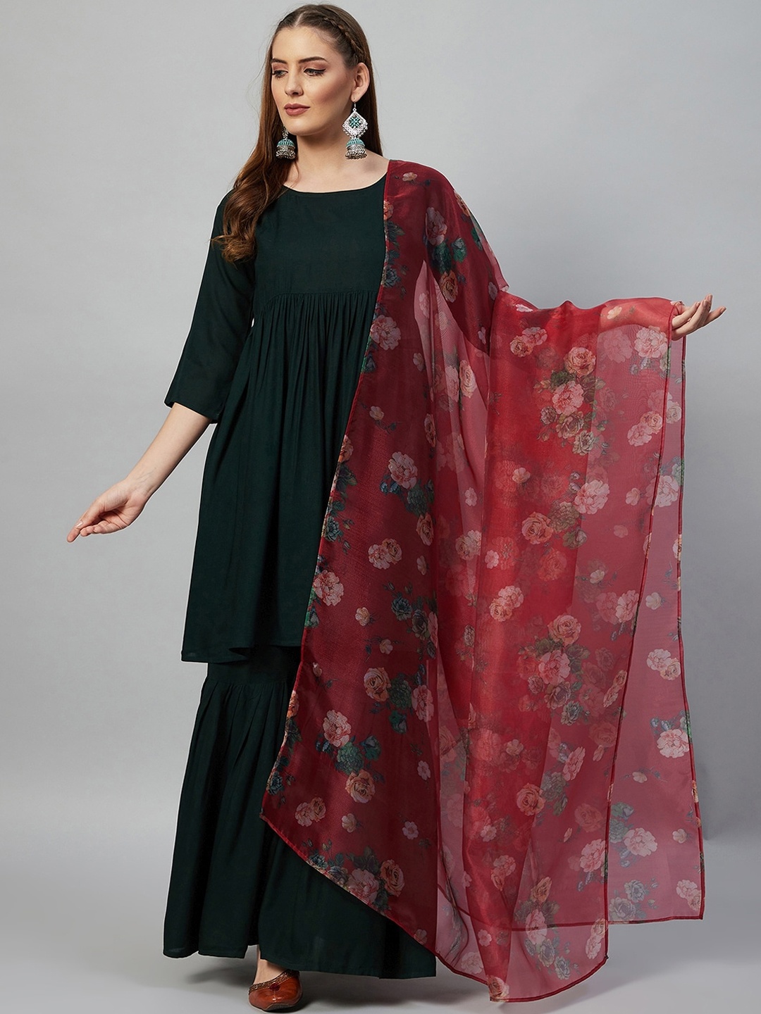 

InWeave Women Green Empire Kurta with Sharara & With Dupatta