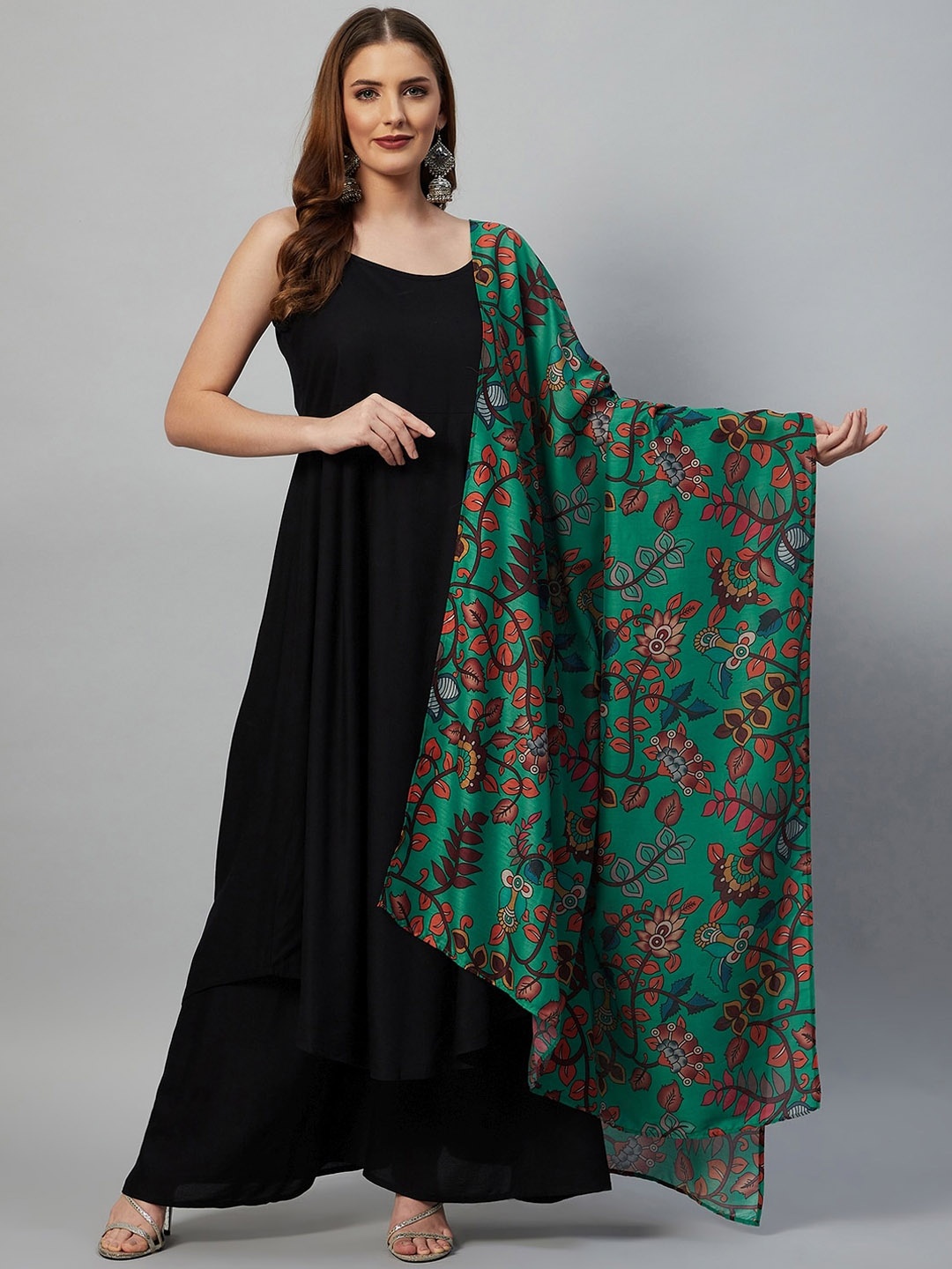 

InWeave Women Black Kurta With Palazzos & Printed Dupatta
