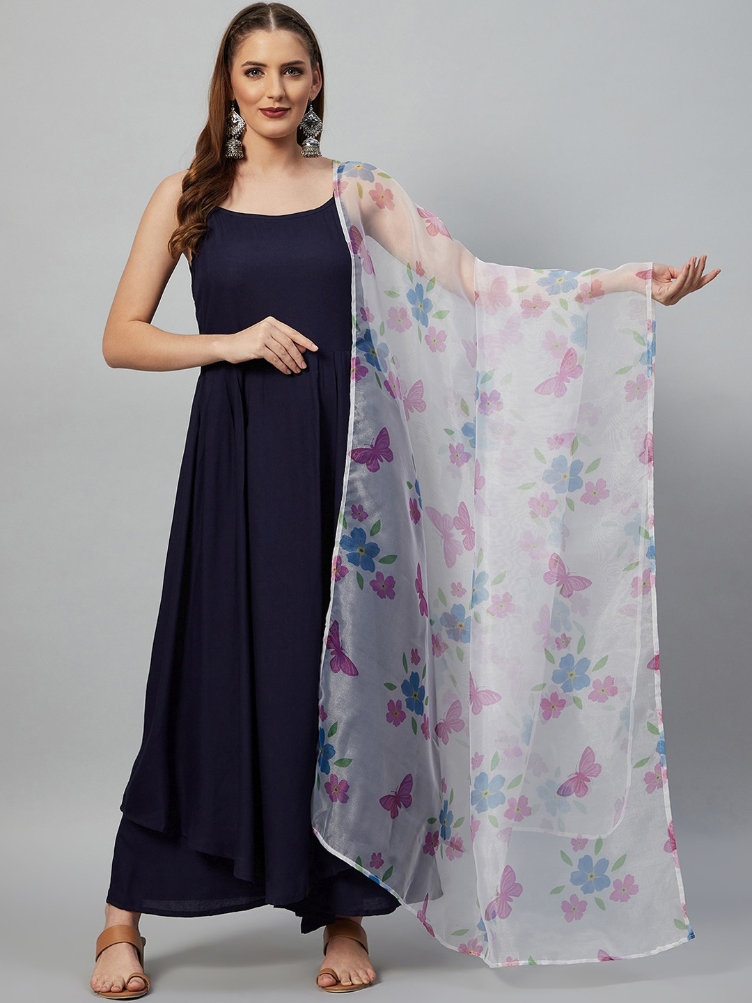 

InWeave Women Navy Blue Printed Empire Kurti with Trousers & With Dupatta