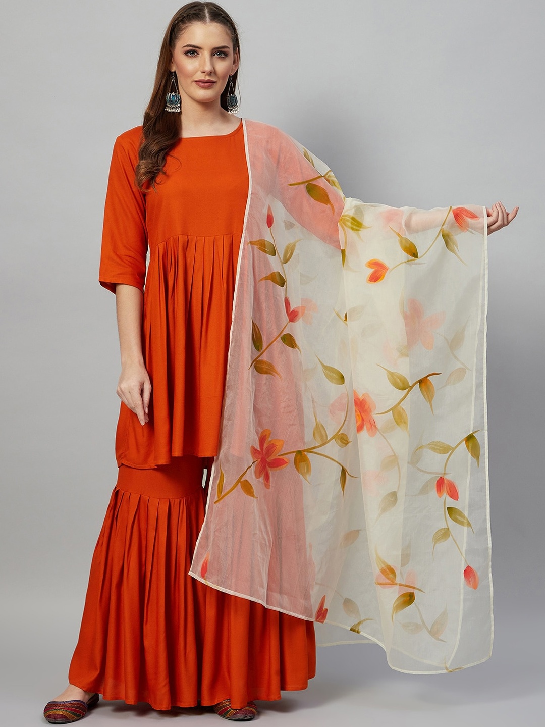 

InWeave Women Orange & Cream Pleated Kurta with Sharara & With Dupatta