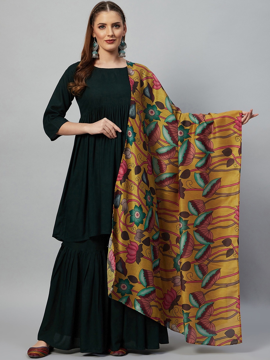 

InWeave Women Green & Mustard Pleated Kurta with Sharara & With Dupatta