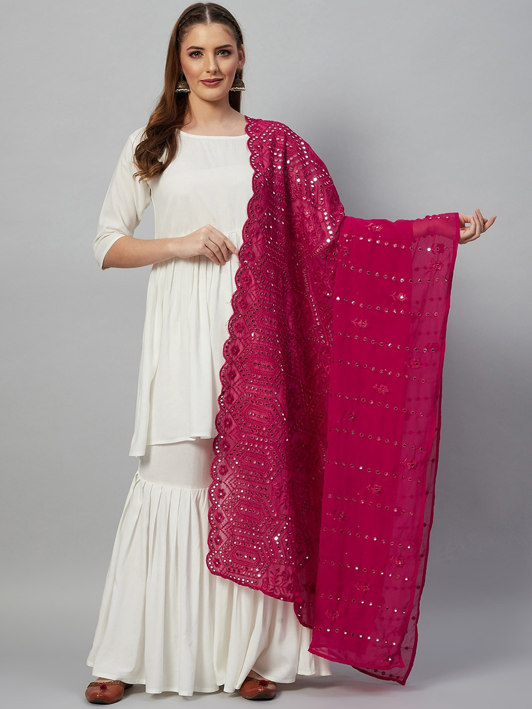 

InWeave Women White Striped Empire Kurti with Sharara & With Dupatta