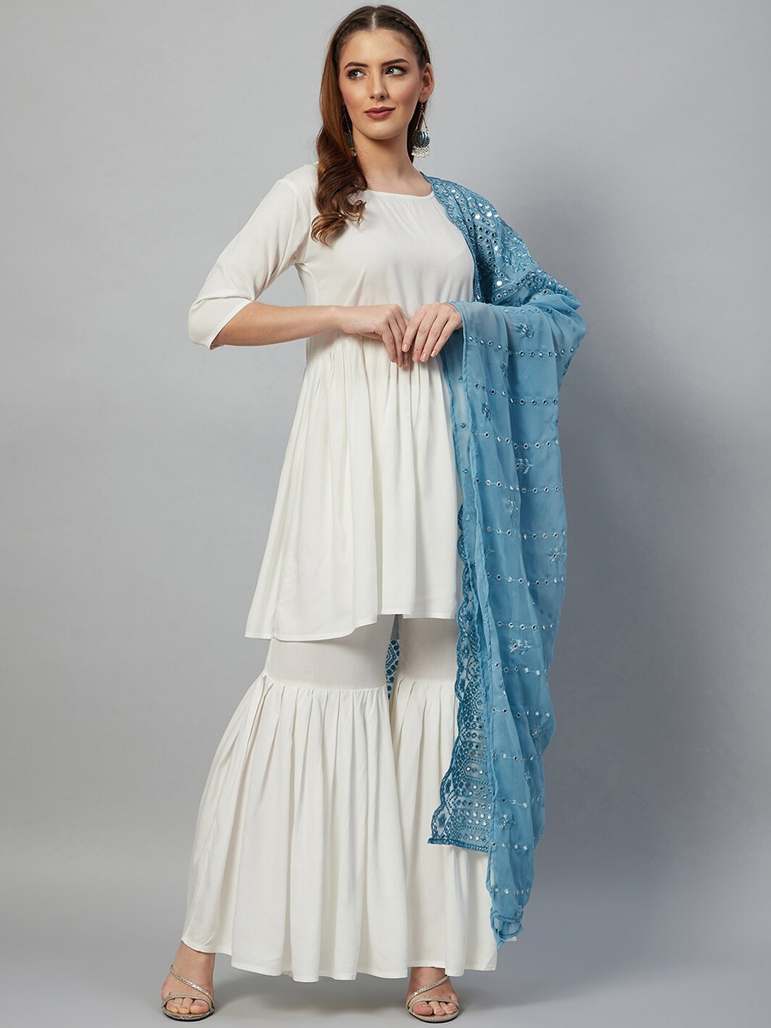 

InWeave Women White Kurti With Sharara & Mirror Work Dupatta