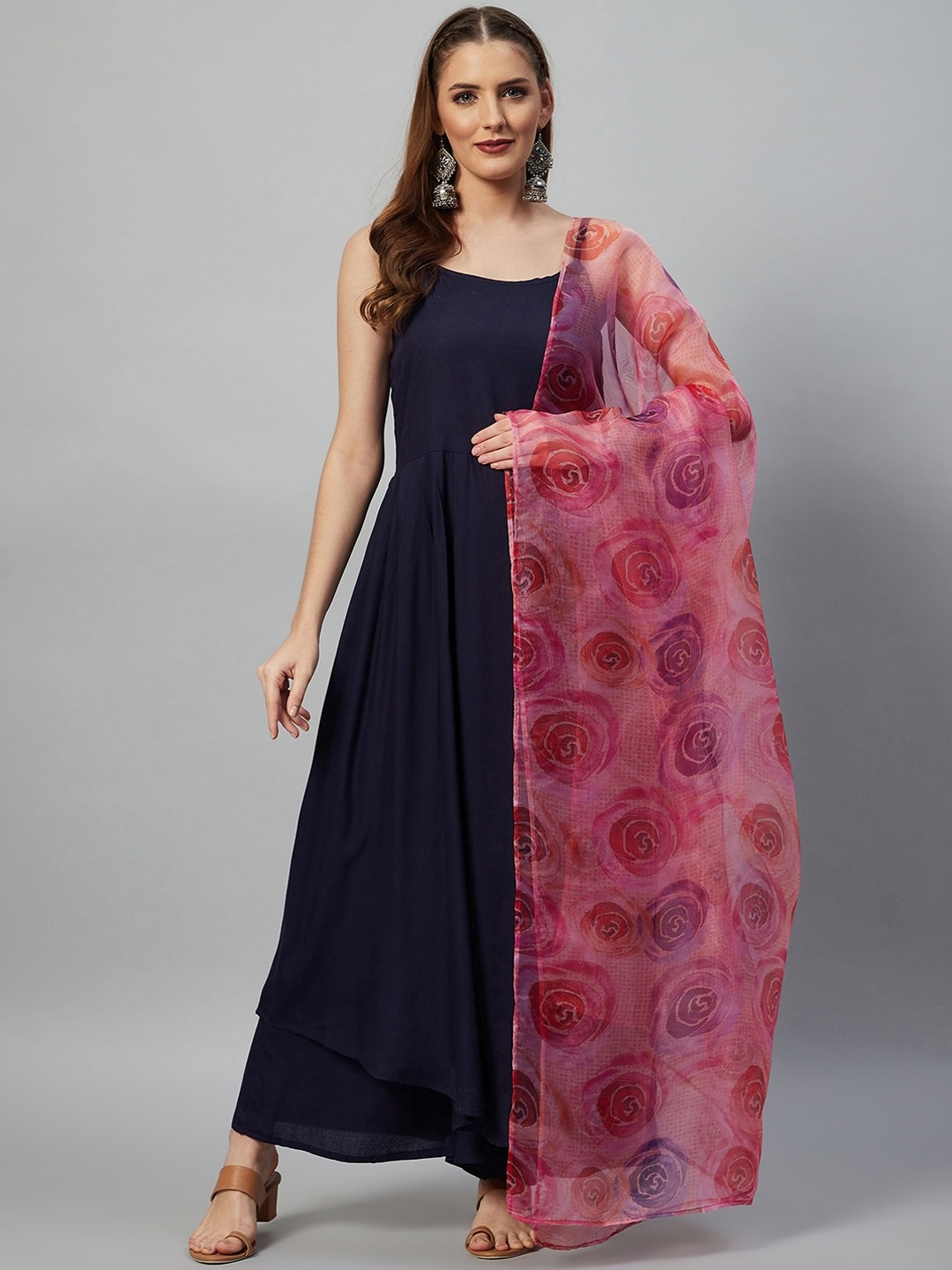 

InWeave Women Navy Blue Layered Kurta with Palazzos & With Dupatta