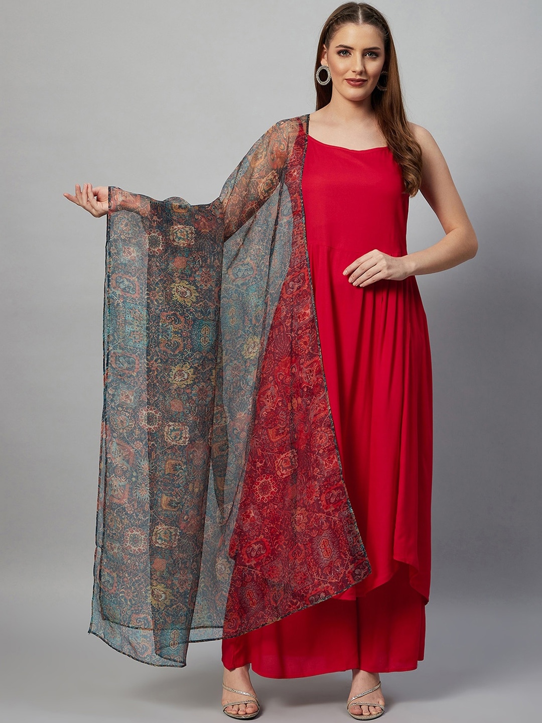 

InWeave Women Red & Green Pleated Kurta with Palazzos & With Dupatta