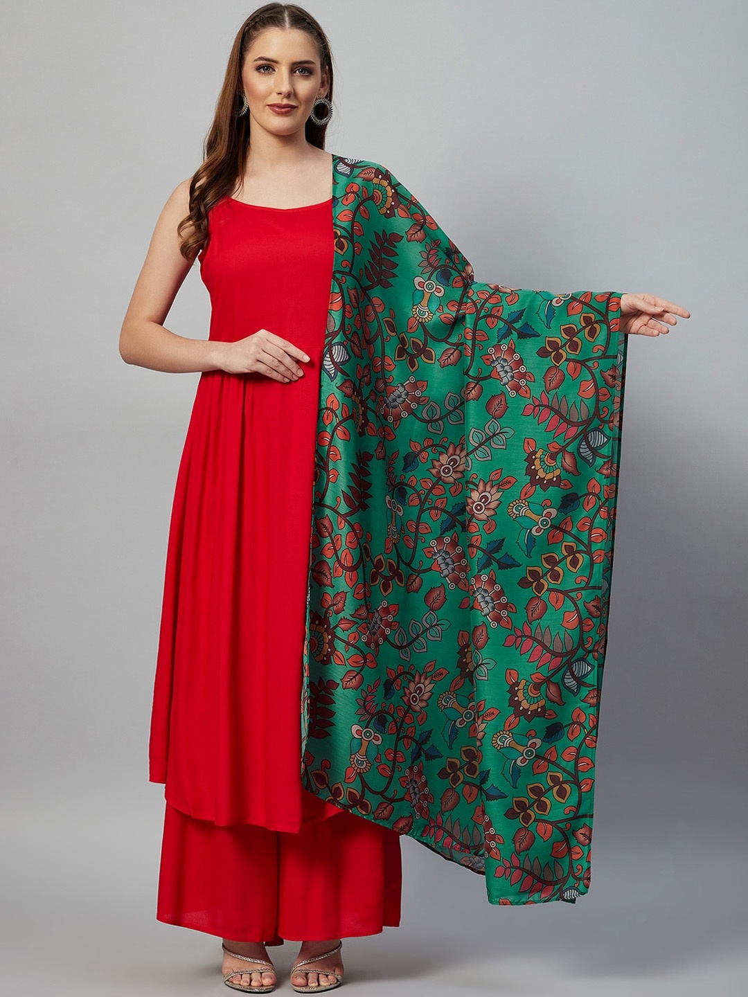 

InWeave Women Red & Green Pleated Kurta with Palazzos & With Dupatta