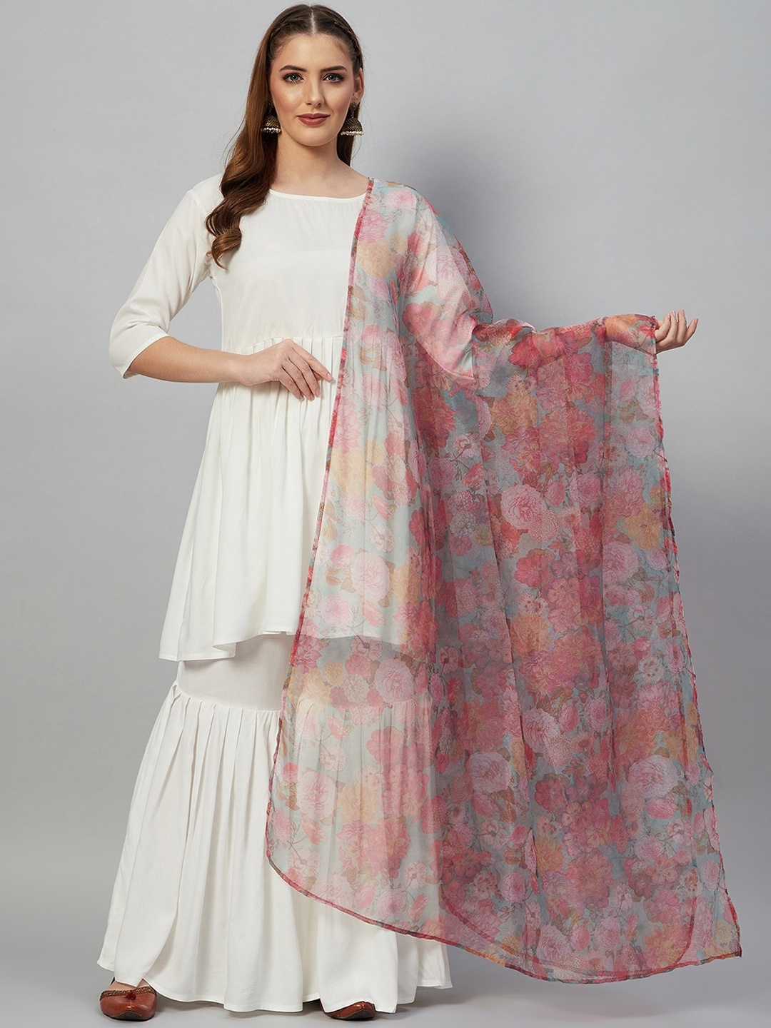 

InWeave Women White Empire Kurti with Sharara & With Dupatta